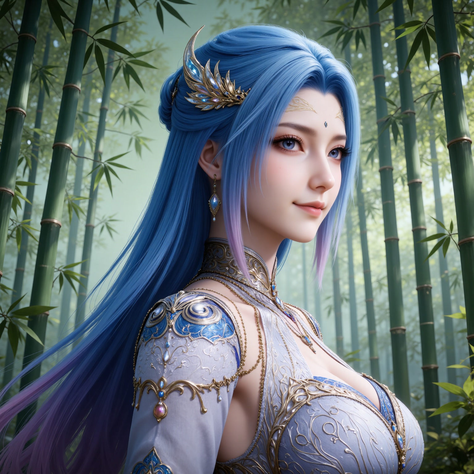 
4K,masterpiece,best quality,very aesthetic,lvjing,
blue hair, long hair, blue eyes, multicolored hair, gradient hair, pink hair, large breasts, forehead mark, tangwutong blue and white dress, cleavage cutout, detached sleeves, necklace, hair_ornament, 1girl, bamboo, solo, upper body, bamboo forest, jewelry, earrings, from side, smile, closed mouth, realistic, forest