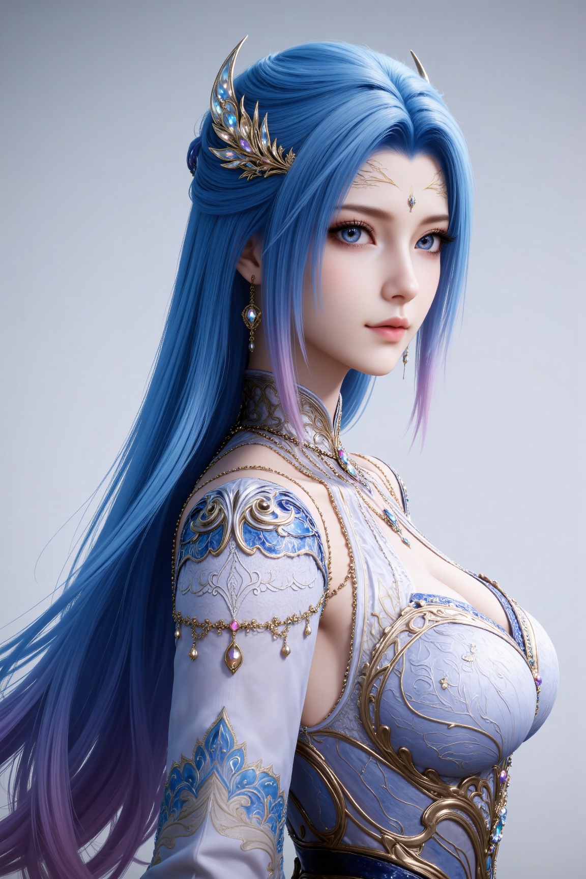 
4K,masterpiece,best quality,very aesthetic,lvjing,
blue hair, long hair, blue eyes, multicolored hair, gradient hair, pink hair, large breasts, forehead mark, tangwutong blue and white dress, cleavage cutout, detached sleeves, necklace, hair_ornament, 1girl, solo, jewelry, earrings, breasts, looking at viewer, clothing cutout, bare legs, closed mouth, from side