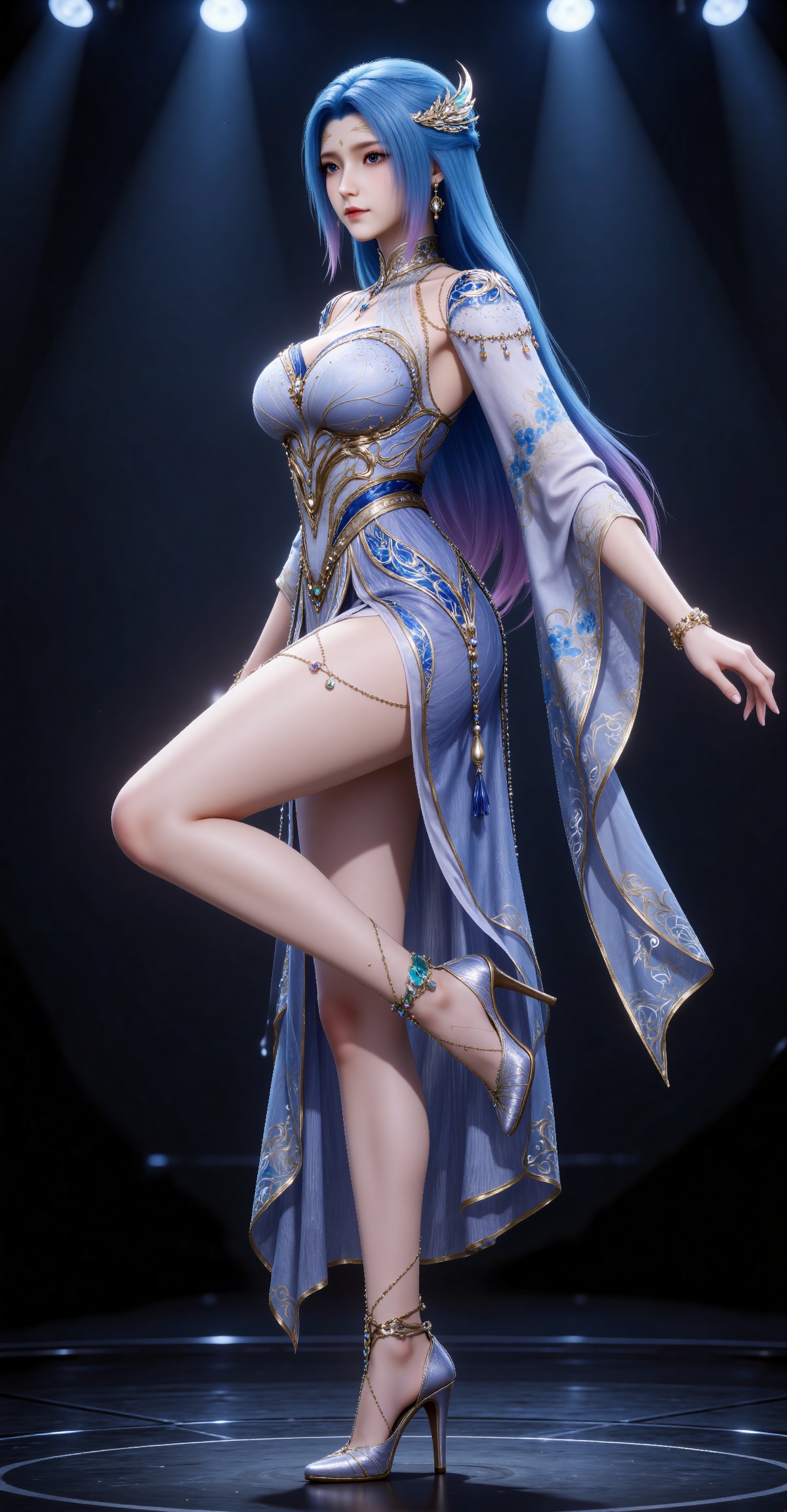 
4K,masterpiece,best quality,very aesthetic,lvjing,
blue hair, long hair, blue eyes, multicolored hair, gradient hair, pink hair, large breasts, forehead mark, tangwutong blue and white dress, cleavage cutout, detached sleeves, necklace, hair_ornament, anklet, bracelet, high_heels, 1girl, solo, standing on one leg, full body, jewelry, standing, earrings, from side, leg up, legs, profile, stage lights, stage, bare legs