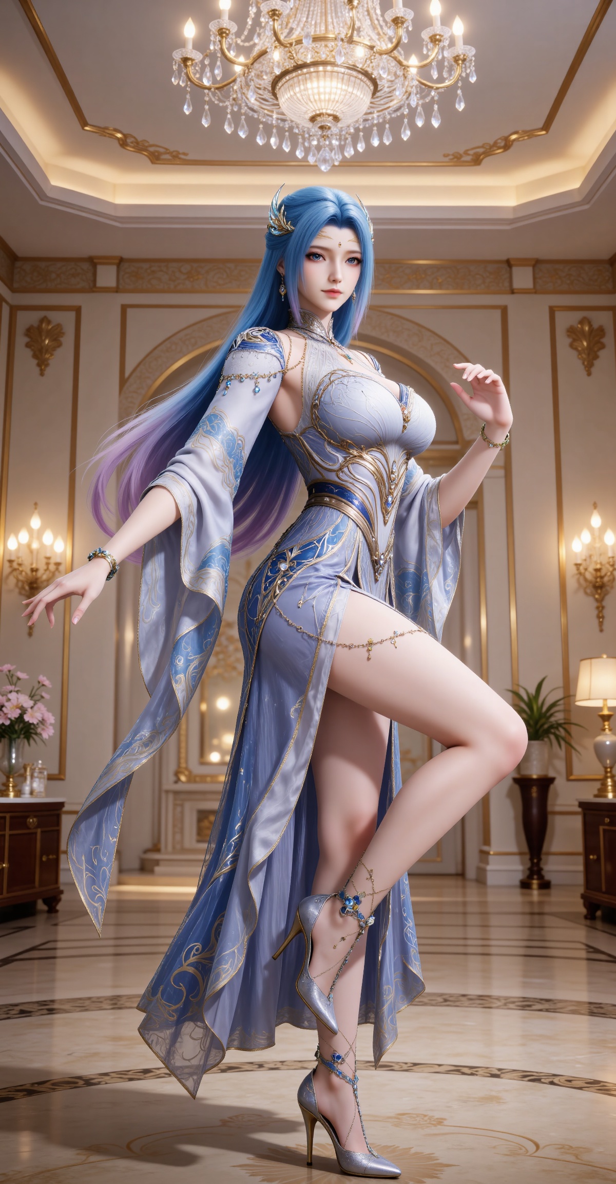 
4K,masterpiece,best quality,very aesthetic,lvjing,
blue hair, long hair, blue eyes, multicolored hair, gradient hair, pink hair, large breasts, forehead mark, tangwutong blue and white dress, cleavage cutout, detached sleeves, necklace, hair_ornament, anklet, bracelet, high_heels, 1girl, standing on one leg, standing, solo, standing split, split, indoors, full body, leg up, looking at viewer, panties, legs, chandelier, bare legs, kneepits