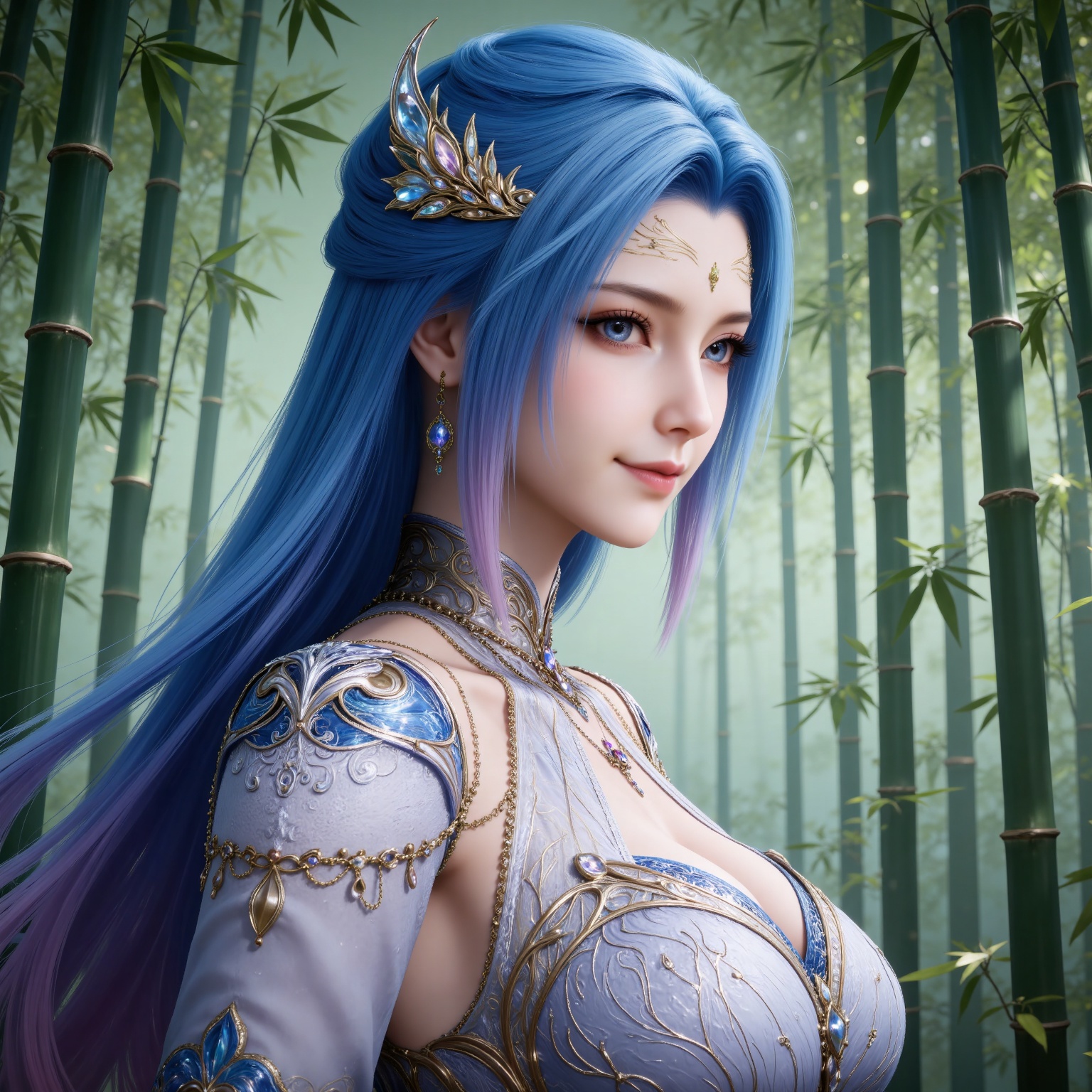 
4K,masterpiece,best quality,very aesthetic,lvjing,
blue hair, long hair, blue eyes, multicolored hair, gradient hair, pink hair, large breasts, forehead mark, tangwutong blue and white dress, cleavage cutout, detached sleeves, necklace, hair_ornament, 1girl, bamboo, solo, upper body, bamboo forest, jewelry, earrings, from side, smile, closed mouth, realistic, forest