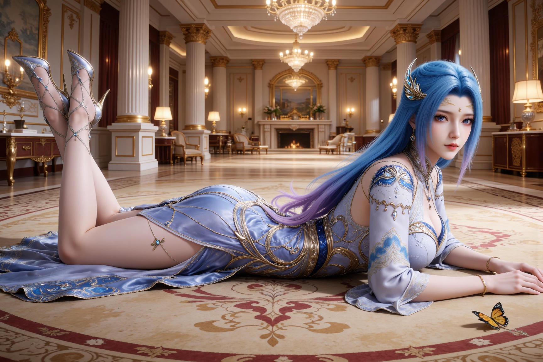 
4K,masterpiece,best quality,very aesthetic,lvjing,
blue hair, long hair, blue eyes, multicolored hair, gradient hair, pink hair, large breasts, forehead mark, tangwutong blue and white dress, cleavage cutout, detached sleeves, necklace, hair_ornament, 1girl, lying, on stomach, jewelry, bare legs, solo, butterfly, bug, table, indoors, looking at viewer, earrings, from side, carpet,high heels