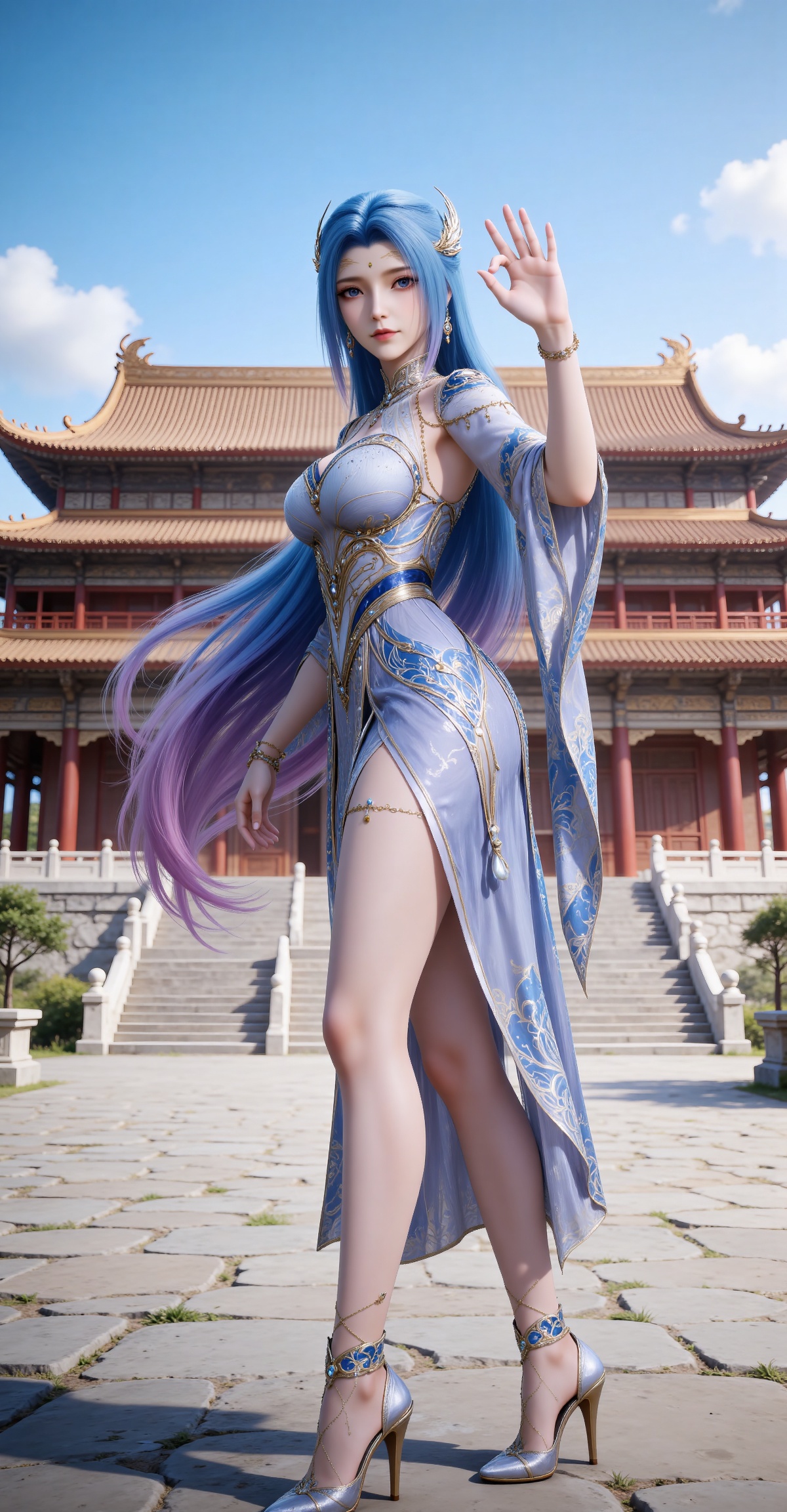 
4K,masterpiece,best quality,very aesthetic,lvjing,
blue hair, long hair, blue eyes, multicolored hair, gradient hair, pink hair, large breasts, forehead mark, tangwutong blue and white dress, cleavage cutout, detached sleeves, necklace, hair_ornament, anklet, bracelet, high_heels, 1girl, solo, full body, jewelry, from side, ok sign, earrings, architecture, outdoors, bare legs, blue sky, sky, looking at viewer, building, temple