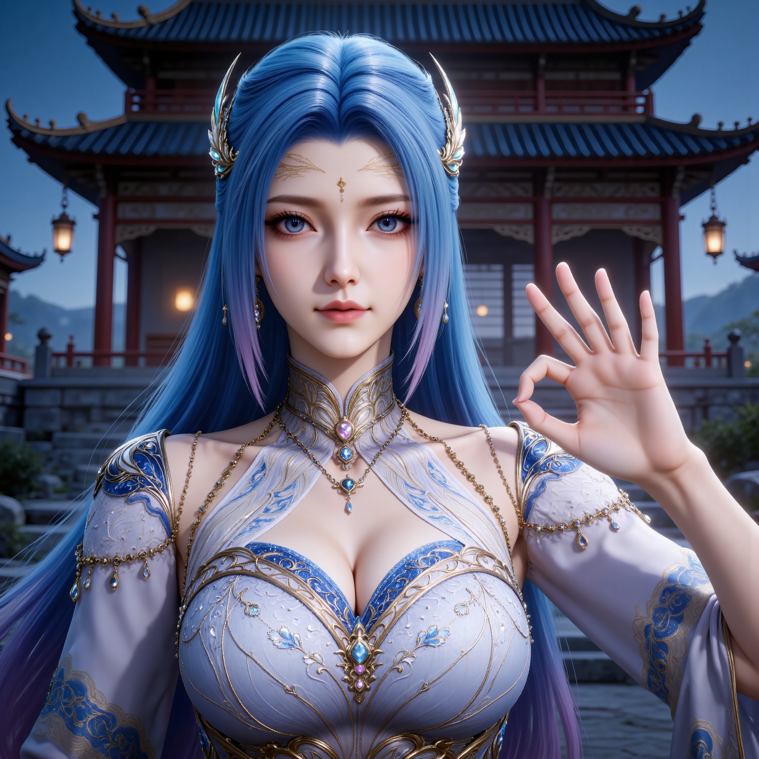 
4K,masterpiece,best quality,very aesthetic,lvjing,
blue hair, long hair, blue eyes, multicolored hair, gradient hair, pink hair, large breasts, forehead mark, tangwutong blue and white dress, cleavage cutout, detached sleeves, necklace, hair_ornament, 1girl, ok sign, solo, jewelry, breasts, upper body, earrings, looking at viewer, clothing cutout, cleavage, blurry background, night, closed mouth, architecture, lantern, sky