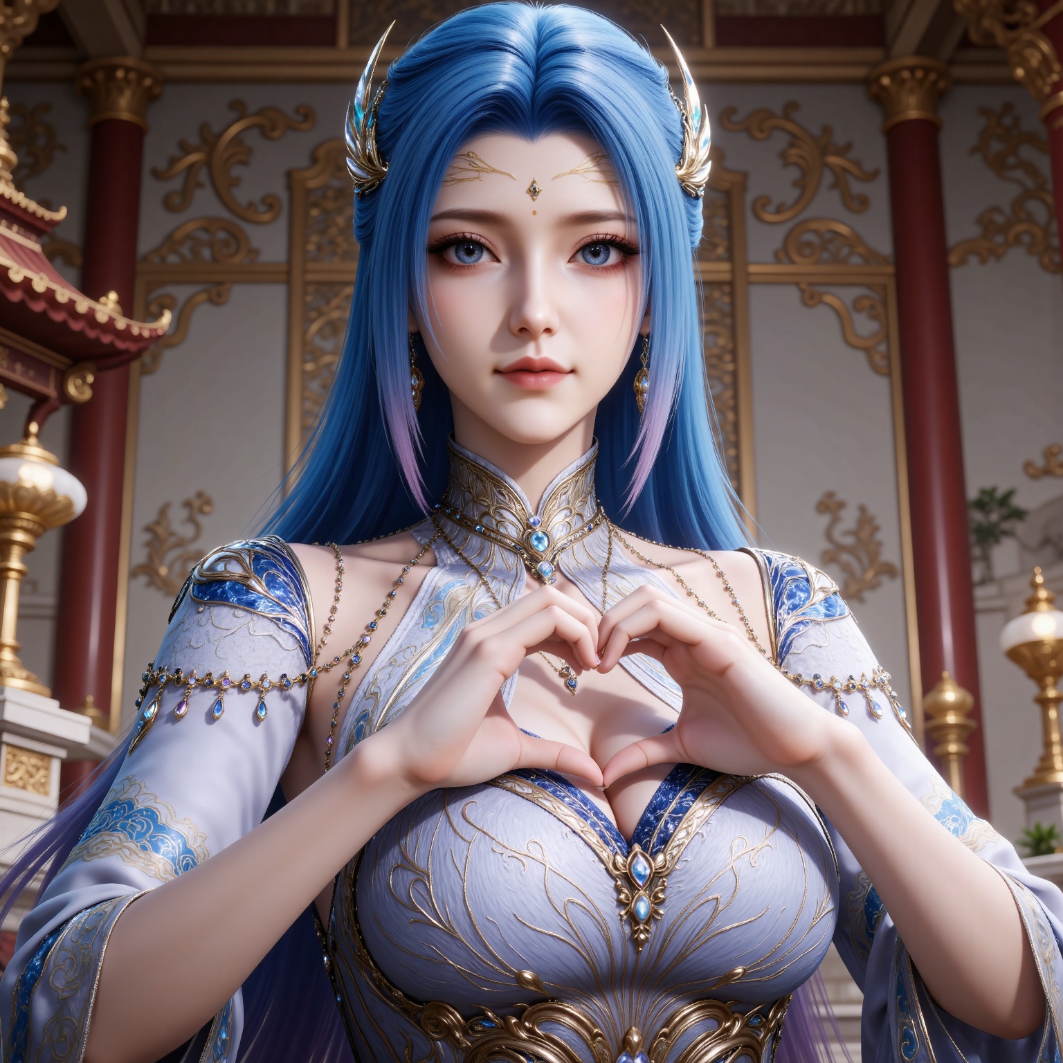 
4K,masterpiece,best quality,very aesthetic,lvjing,
blue hair, long hair, blue eyes, multicolored hair, gradient hair, pink hair, large breasts, forehead mark, tangwutong blue and white dress, cleavage cutout, detached sleeves, necklace, hair_ornament, 1girl, heart hands, solo, upper body, jewelry, heart, looking at viewer, earrings, breasts, closed mouth, architecture