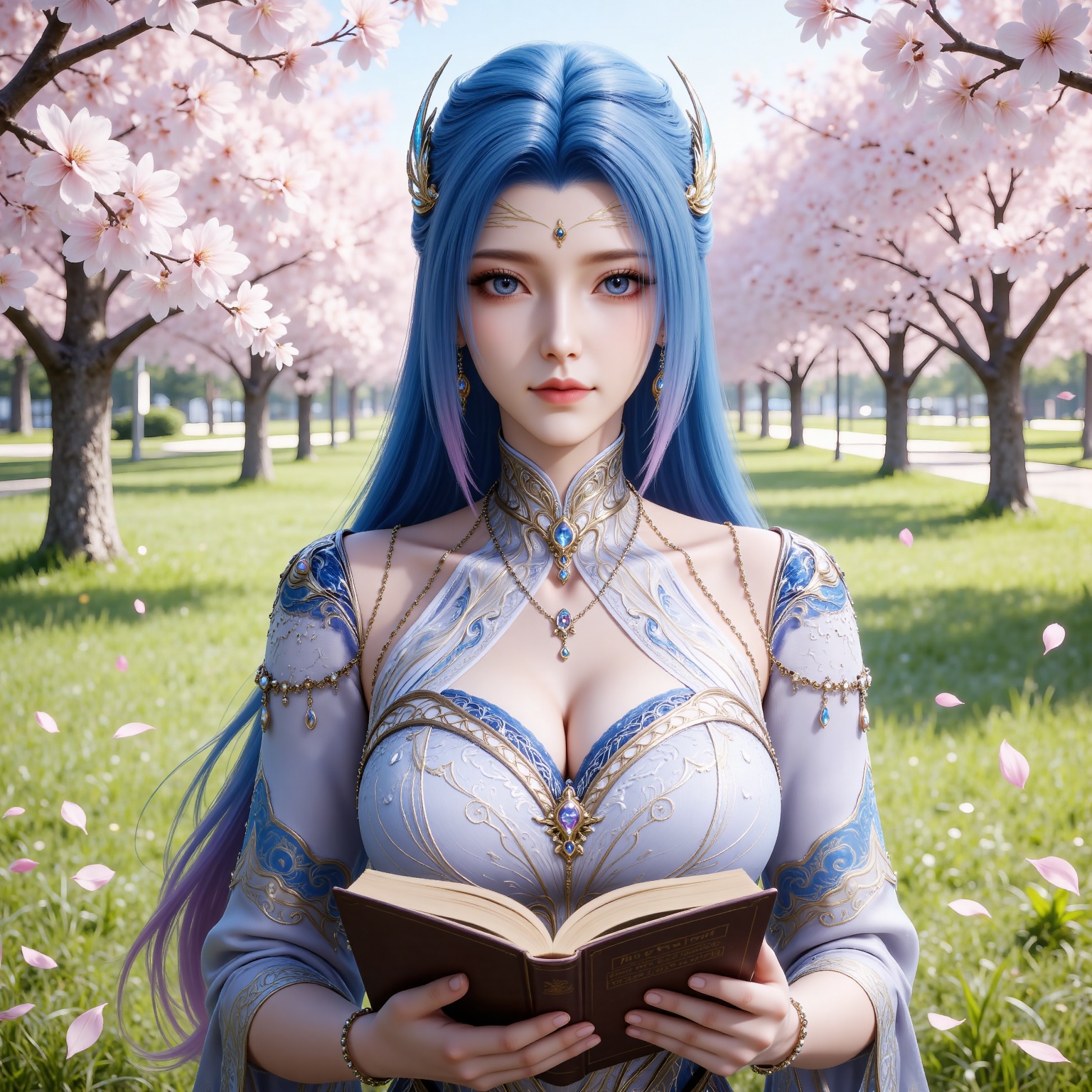 
4K,masterpiece,best quality,very aesthetic,lvjing,
blue hair, long hair, blue eyes, multicolored hair, gradient hair, pink hair, large breasts, forehead mark, tangwutong blue and white dress, cleavage cutout, detached sleeves, necklace, hair_ornament, 1girl, jewelry, breasts, solo, upper body, book, looking at viewer, earrings, holding, cherry blossoms, cleavage, clothing cutout, tree, closed mouth, petals, outdoors, grass, falling petals