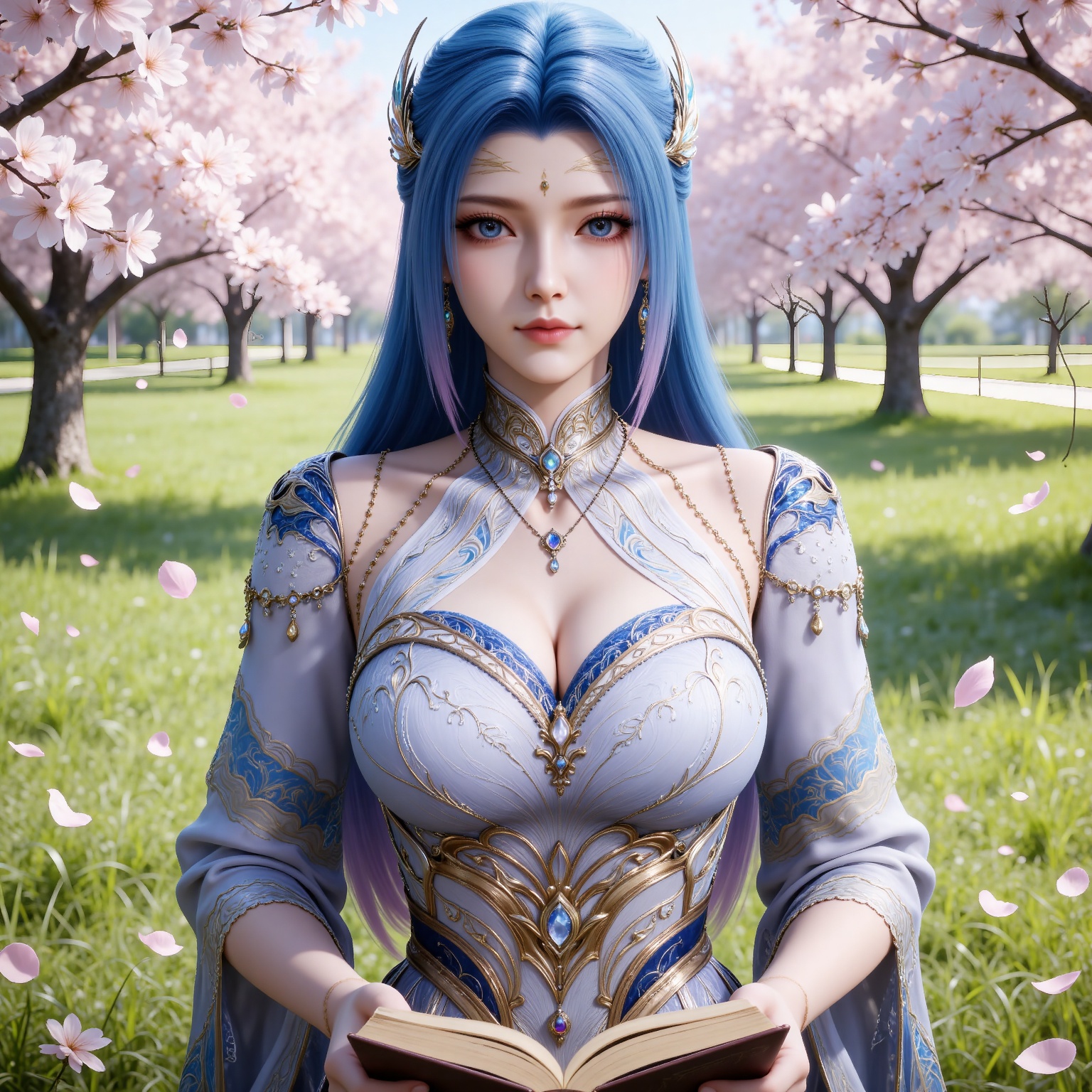 
4K,masterpiece,best quality,very aesthetic,lvjing,
blue hair, long hair, blue eyes, multicolored hair, gradient hair, pink hair, large breasts, forehead mark, tangwutong blue and white dress, cleavage cutout, detached sleeves, necklace, hair_ornament, 1girl, jewelry, breasts, solo, upper body, book, looking at viewer, earrings, holding, cherry blossoms, cleavage, clothing cutout, tree, closed mouth, petals, outdoors, grass, falling petals