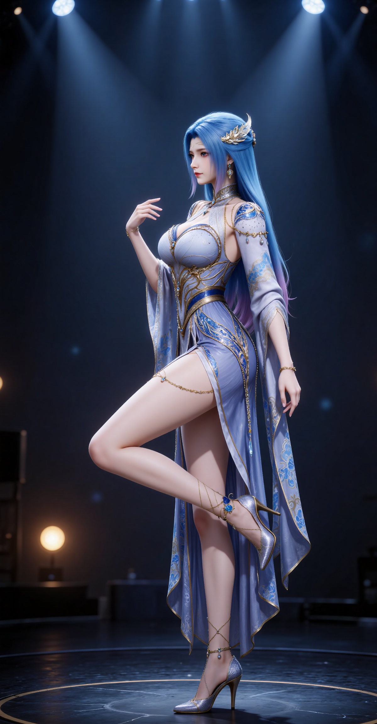 
4K,masterpiece,best quality,very aesthetic,lvjing,
blue hair, long hair, blue eyes, multicolored hair, gradient hair, pink hair, large breasts, forehead mark, tangwutong blue and white dress, cleavage cutout, detached sleeves, necklace, hair_ornament, anklet, bracelet, high_heels, 1girl, solo, standing on one leg, full body, jewelry, standing, earrings, from side, leg up, legs, profile, stage lights, stage, bare legs