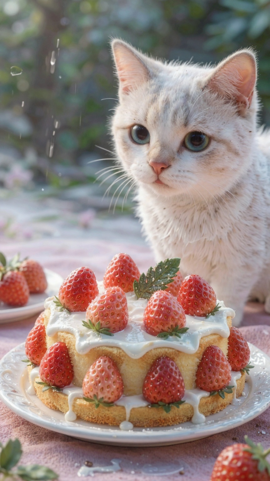 pipizg,  Create a serene scene featuring a delicate strawberry cake placed in the foreground,  surrounded by soft by pipia...