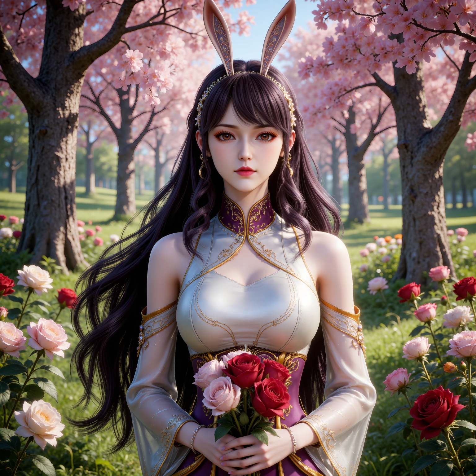
4K,masterpiece,best quality,very aesthetic,lvjing,
black hair, long hair, very long hair, wavy hair, brown eyes, large breasts, hair_ornament, hairband, fake animal ears, rabbit ears, bare shoulders, jiangnannan white shirt, cleavage cutout, detached_sleeves, see-through_sleeves, long_sleeves, jiangnannan purple high waist skirt, 1girl, flower, solo, upper body, holding, jewelry, bouquet, rose, looking at viewer, tree, holding flower, earrings, red flower