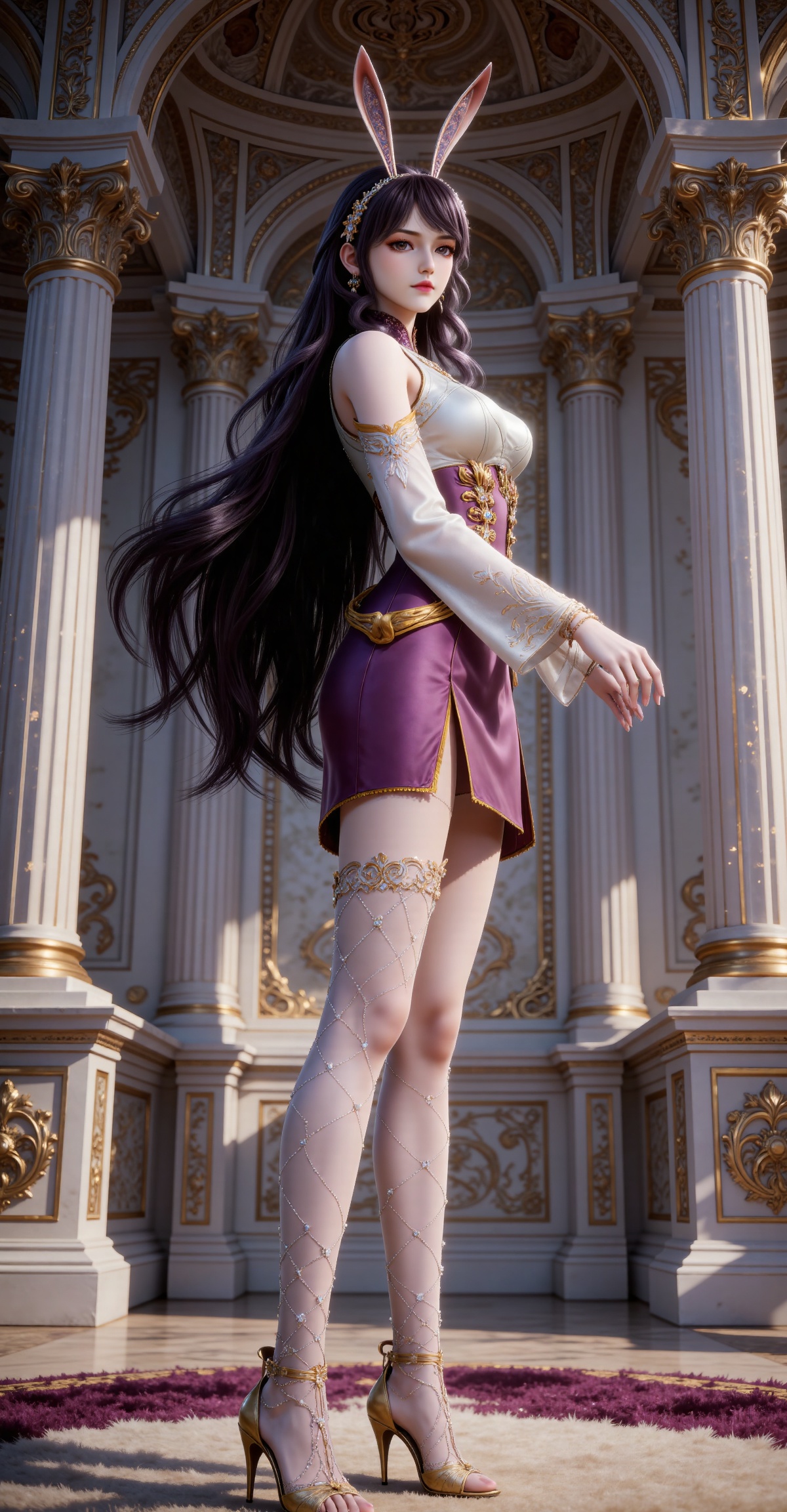 
4K,masterpiece,best quality,very aesthetic,lvjing,
black hair, long hair, very long hair, wavy hair, brown eyes, large breasts, hair_ornament, hairband, fake animal ears, rabbit ears, bare shoulders, jiangnannan white shirt, cleavage cutout, detached_sleeves, see-through_sleeves, long_sleeves, jiangnannan purple high waist skirt, single thighhigh, fishnet thighhighs, see-through_thighhighs, high_heels, gold footwear, 1girl, solo, full body, skirt, standing, pillar, looking at viewer, indoors, earrings, jewelry, carpet, from side