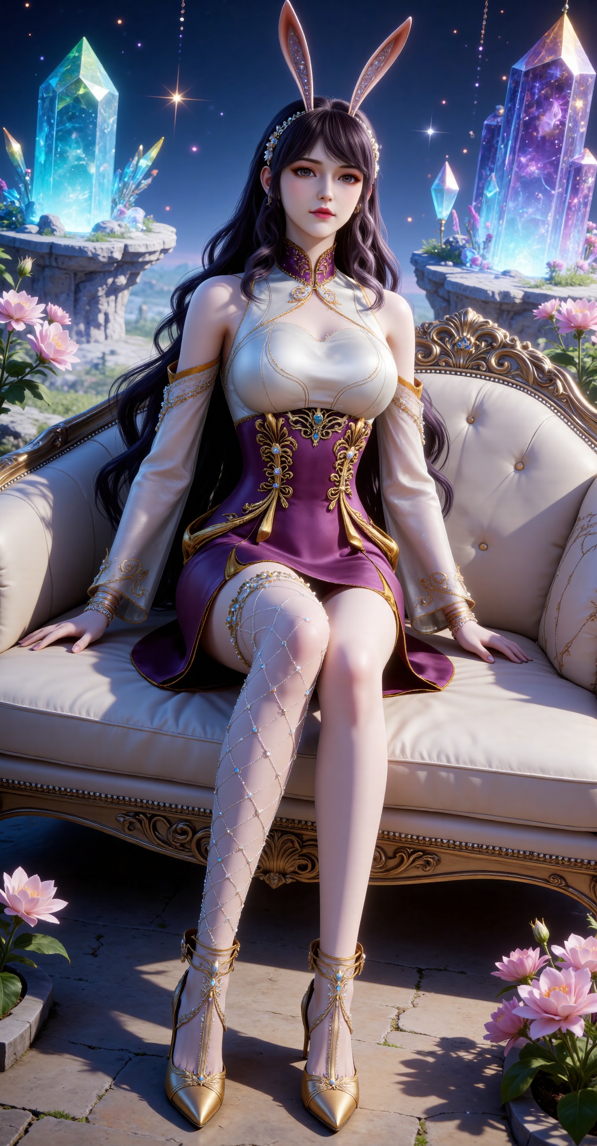 
4K,masterpiece,best quality,very aesthetic,lvjing,
black hair, long hair, very long hair, wavy hair, brown eyes, large breasts, hair_ornament, hairband, fake animal ears, rabbit ears, bare shoulders, jiangnannan white shirt, cleavage cutout, detached_sleeves, see-through_sleeves, long_sleeves, jiangnannan purple high waist skirt, single thighhigh, fishnet thighhighs, see-through_thighhighs, high_heels, gold footwear, 1girl, solo, sitting, full body, skirt, crystal, couch, flower, looking at viewer