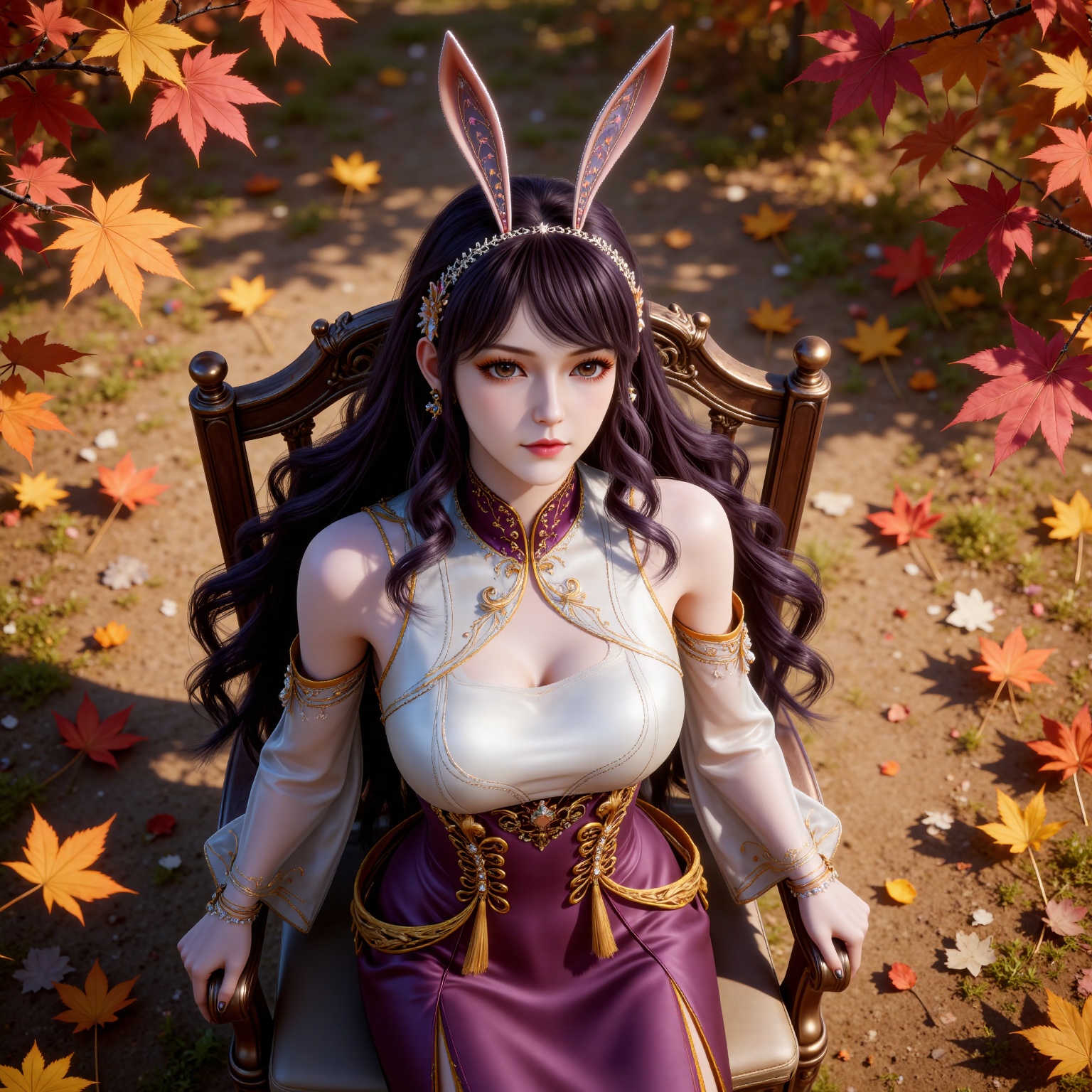
4K,masterpiece,best quality,very aesthetic,lvjing,
black hair, long hair, very long hair, wavy hair, brown eyes, large breasts, hair_ornament, hairband, fake animal ears, rabbit ears, bare shoulders, jiangnannan white shirt, cleavage cutout, detached_sleeves, see-through_sleeves, long_sleeves, jiangnannan purple high waist skirt, 1girl, solo, leaf, earrings, jewelry, from above, maple leaf, looking at viewer, autumn leaves, upper body, looking up, closed mouth, falling leaves, flower, chair, sitting, autumn, blurry, outdoors