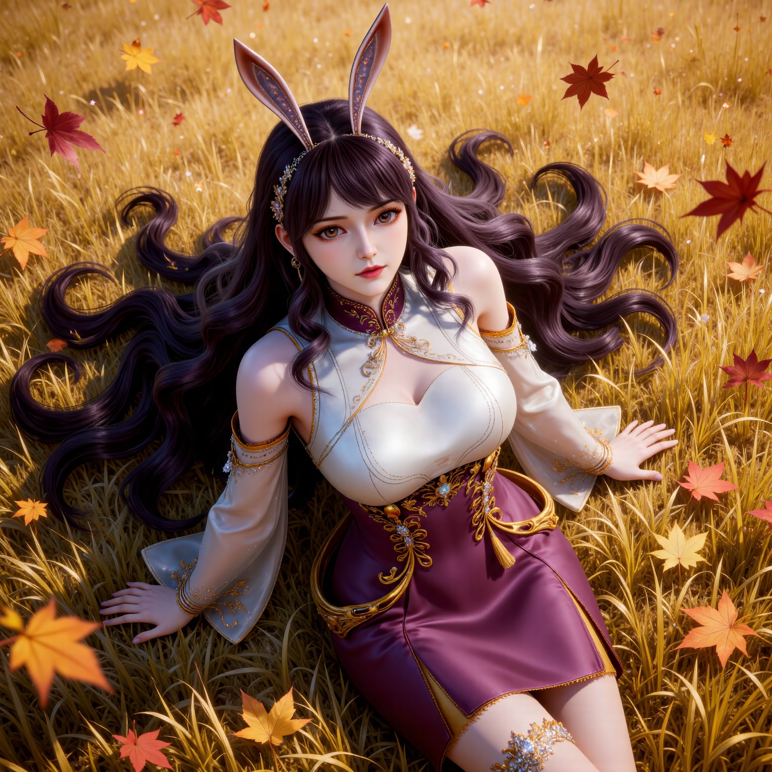 
4K,masterpiece,best quality,very aesthetic,lvjing,
black hair, long hair, very long hair, wavy hair, brown eyes, large breasts, hair_ornament, hairband, fake animal ears, rabbit ears, bare shoulders, jiangnannan white shirt, cleavage cutout, detached_sleeves, see-through_sleeves, long_sleeves, jiangnannan purple high waist skirt, 1girl, solo, leaf, sitting, looking at viewer, falling leaves, grass, from above, breasts, jewelry, looking up, earrings, closed mouth