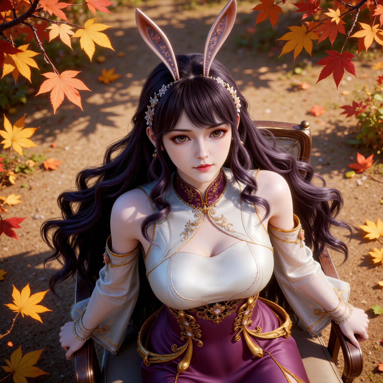 
4K,masterpiece,best quality,very aesthetic,lvjing,
black hair, long hair, very long hair, wavy hair, brown eyes, large breasts, hair_ornament, hairband, fake animal ears, rabbit ears, bare shoulders, jiangnannan white shirt, cleavage cutout, detached_sleeves, see-through_sleeves, long_sleeves, jiangnannan purple high waist skirt, 1girl, solo, leaf, earrings, jewelry, from above, maple leaf, looking at viewer, autumn leaves, upper body, looking up, closed mouth, falling leaves, flower, chair, sitting, autumn, blurry, outdoors