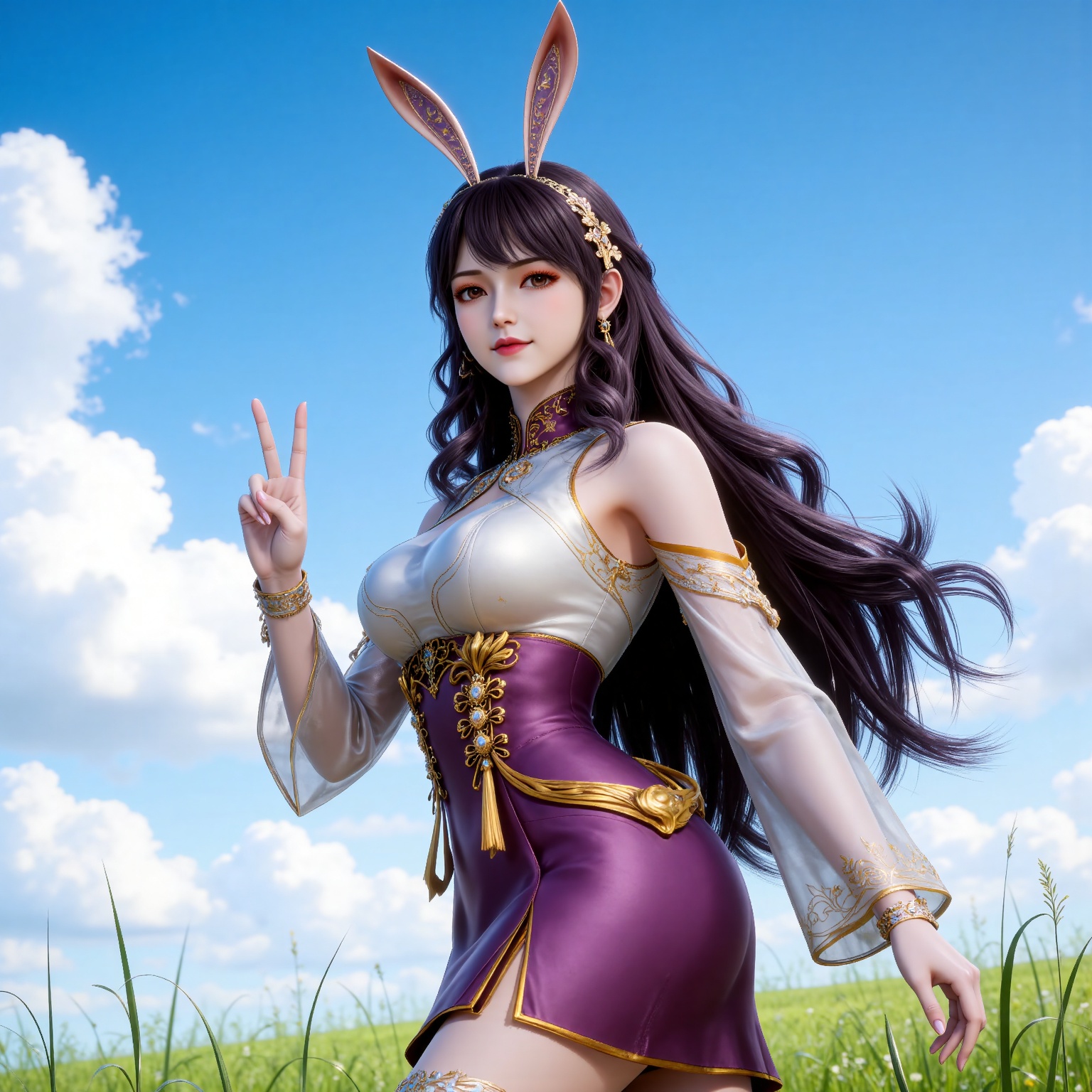 
4K,masterpiece,best quality,very aesthetic,lvjing,
black hair, long hair, very long hair, wavy hair, brown eyes, large breasts, hair_ornament, hairband, fake animal ears, rabbit ears, bare shoulders, jiangnannan white shirt, cleavage cutout, detached_sleeves, see-through_sleeves, long_sleeves, jiangnannan purple high waist skirt, 1girl, solo, sky, v, cloud, blue sky, outdoors, jewelry, grass, day, looking at viewer, earrings, from side, breasts, smile, teeth, parted lips, ass