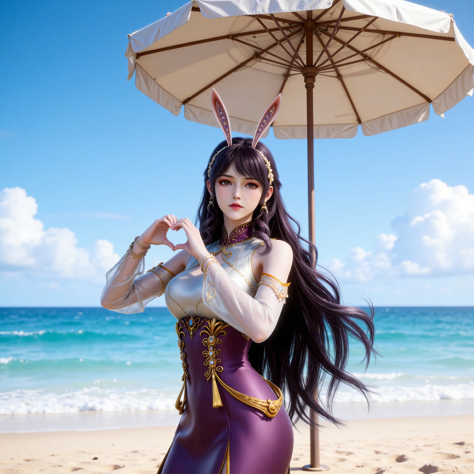 
4K,masterpiece,best quality,very aesthetic,lvjing,
black hair, long hair, very long hair, wavy hair, brown eyes, large breasts, hair_ornament, hairband, fake animal ears, rabbit ears, bare shoulders, jiangnannan white shirt, cleavage cutout, detached_sleeves, see-through_sleeves, long_sleeves, jiangnannan purple high waist skirt, 1girl, heart hands, solo, beach, heart, umbrella, outdoors, sky, upper body, blue sky, sand, ocean, looking at viewer, day, water, jewelry, beach umbrella
