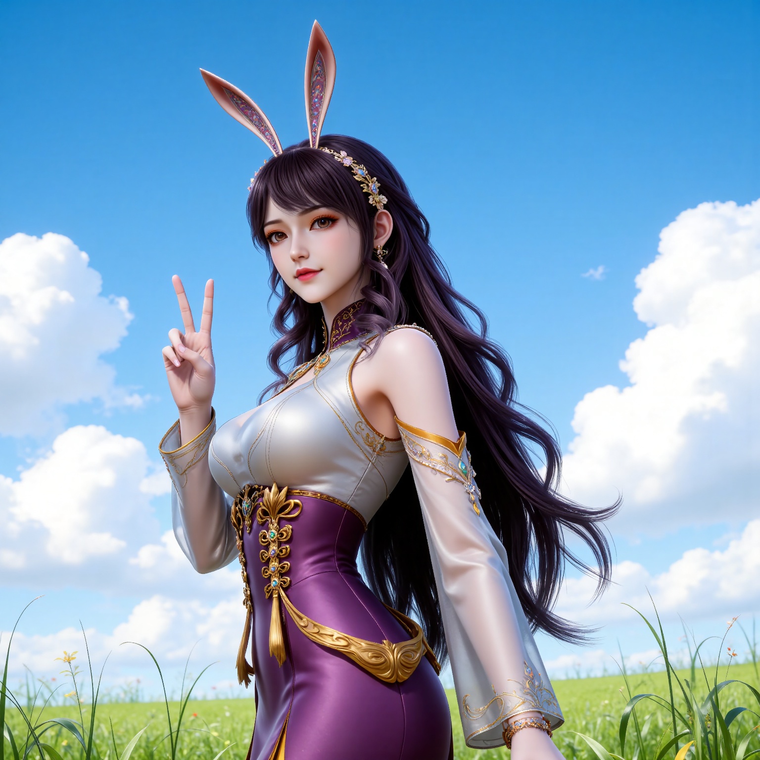 
4K,masterpiece,best quality,very aesthetic,lvjing,
black hair, long hair, very long hair, wavy hair, brown eyes, large breasts, hair_ornament, hairband, fake animal ears, rabbit ears, bare shoulders, jiangnannan white shirt, cleavage cutout, detached_sleeves, see-through_sleeves, long_sleeves, jiangnannan purple high waist skirt, 1girl, solo, sky, v, cloud, blue sky, outdoors, jewelry, grass, day, looking at viewer, earrings, from side, breasts, smile, teeth, parted lips, ass