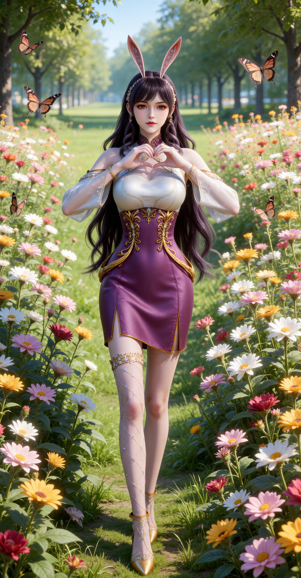 
4K,masterpiece,best quality,very aesthetic,lvjing,
black hair, long hair, very long hair, wavy hair, brown eyes, large breasts, hair_ornament, hairband, fake animal ears, rabbit ears, bare shoulders, jiangnannan white shirt, cleavage cutout, detached_sleeves, see-through_sleeves, long_sleeves, jiangnannan purple high waist skirt, single thighhigh, fishnet thighhighs, see-through_thighhighs, high_heels, gold footwear, 1girl, butterfly, bug, flower, solo, heart hands, heart, skirt, outdoors, ass, looking at viewer, flower field, blurry