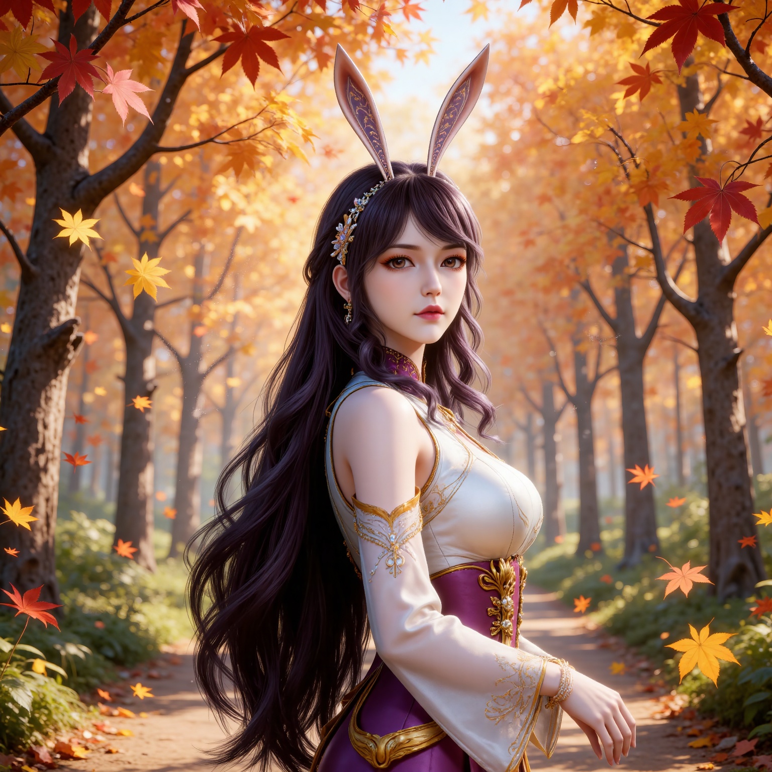 
4K,masterpiece,best quality,very aesthetic,lvjing,
black hair, long hair, very long hair, wavy hair, brown eyes, large breasts, hair_ornament, hairband, fake animal ears, rabbit ears, bare shoulders, jiangnannan white shirt, cleavage cutout, detached_sleeves, see-through_sleeves, long_sleeves, jiangnannan purple high waist skirt, 1girl, solo, falling leaves, leaf, upper body, earrings, jewelry, from side, maple leaf, autumn leaves, looking to the side, looking at viewer