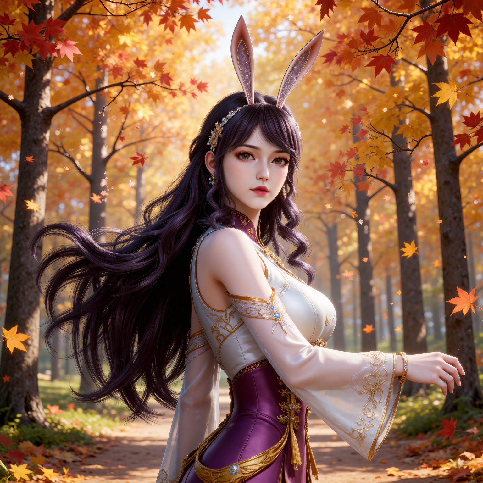
4K,masterpiece,best quality,very aesthetic,lvjing,
black hair, long hair, very long hair, wavy hair, brown eyes, large breasts, hair_ornament, hairband, fake animal ears, rabbit ears, bare shoulders, jiangnannan white shirt, cleavage cutout, detached_sleeves, see-through_sleeves, long_sleeves, jiangnannan purple high waist skirt, 1girl, solo, falling leaves, leaf, upper body, earrings, jewelry, from side, maple leaf, autumn leaves, looking to the side, looking at viewer