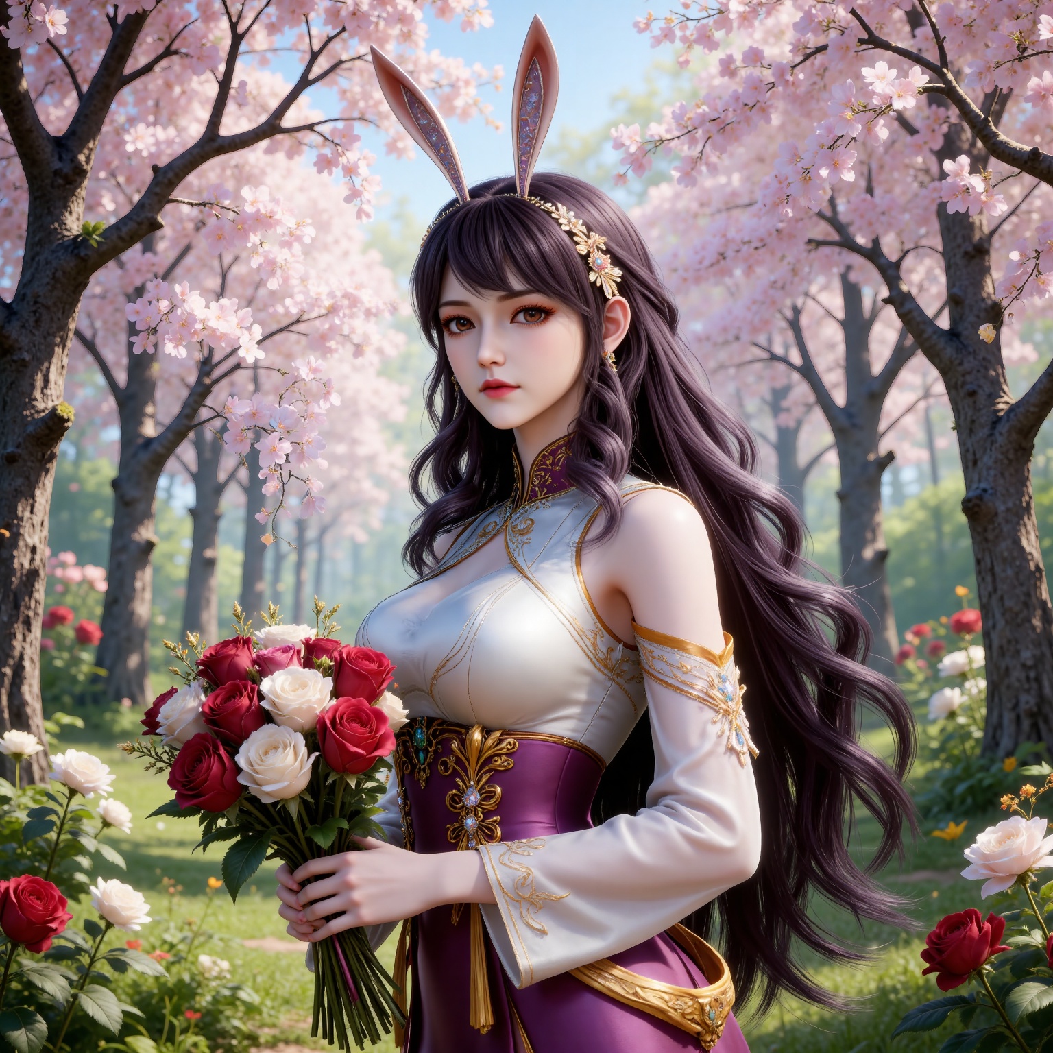 
4K,masterpiece,best quality,very aesthetic,lvjing,
black hair, long hair, very long hair, wavy hair, brown eyes, large breasts, hair_ornament, hairband, fake animal ears, rabbit ears, bare shoulders, jiangnannan white shirt, cleavage cutout, detached_sleeves, see-through_sleeves, long_sleeves, jiangnannan purple high waist skirt, 1girl, flower, solo, upper body, holding, jewelry, bouquet, rose, looking at viewer, tree, holding flower, earrings, red flower