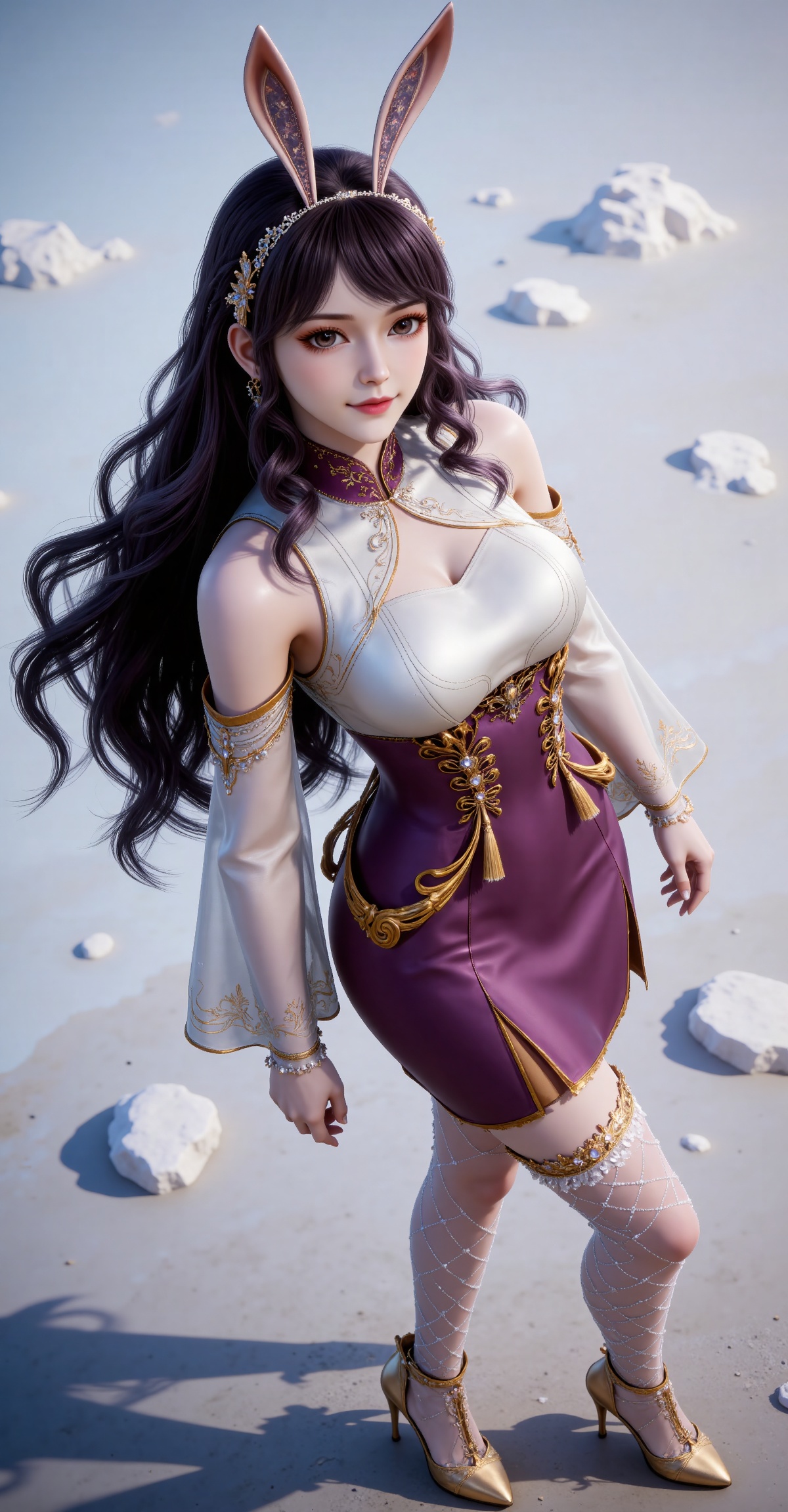 
4K,masterpiece,best quality,very aesthetic,lvjing,
black hair, long hair, very long hair, wavy hair, brown eyes, large breasts, hair_ornament, hairband, fake animal ears, rabbit ears, bare shoulders, jiangnannan white shirt, cleavage cutout, detached_sleeves, see-through_sleeves, long_sleeves, jiangnannan purple high waist skirt, single thighhigh, fishnet thighhighs, see-through_thighhighs, high_heels, gold footwear, 1girl, solo, skirt, looking at viewer, smile, from above, standing, full body, looking up