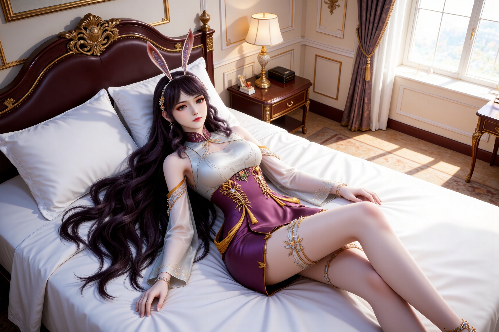 
4K,masterpiece,best quality,very aesthetic,lvjing,
black hair, long hair, very long hair, wavy hair, brown eyes, large breasts, hair_ornament, hairband, fake animal ears, rabbit ears, bare shoulders, jiangnannan white shirt, cleavage cutout, detached_sleeves, see-through_sleeves, long_sleeves, jiangnannan purple high waist skirt, high_heels, 1girl, lying, solo, on back, bed, indoors, pillow, looking at viewer, on bed, jewelry, bare legs, window, curtains
