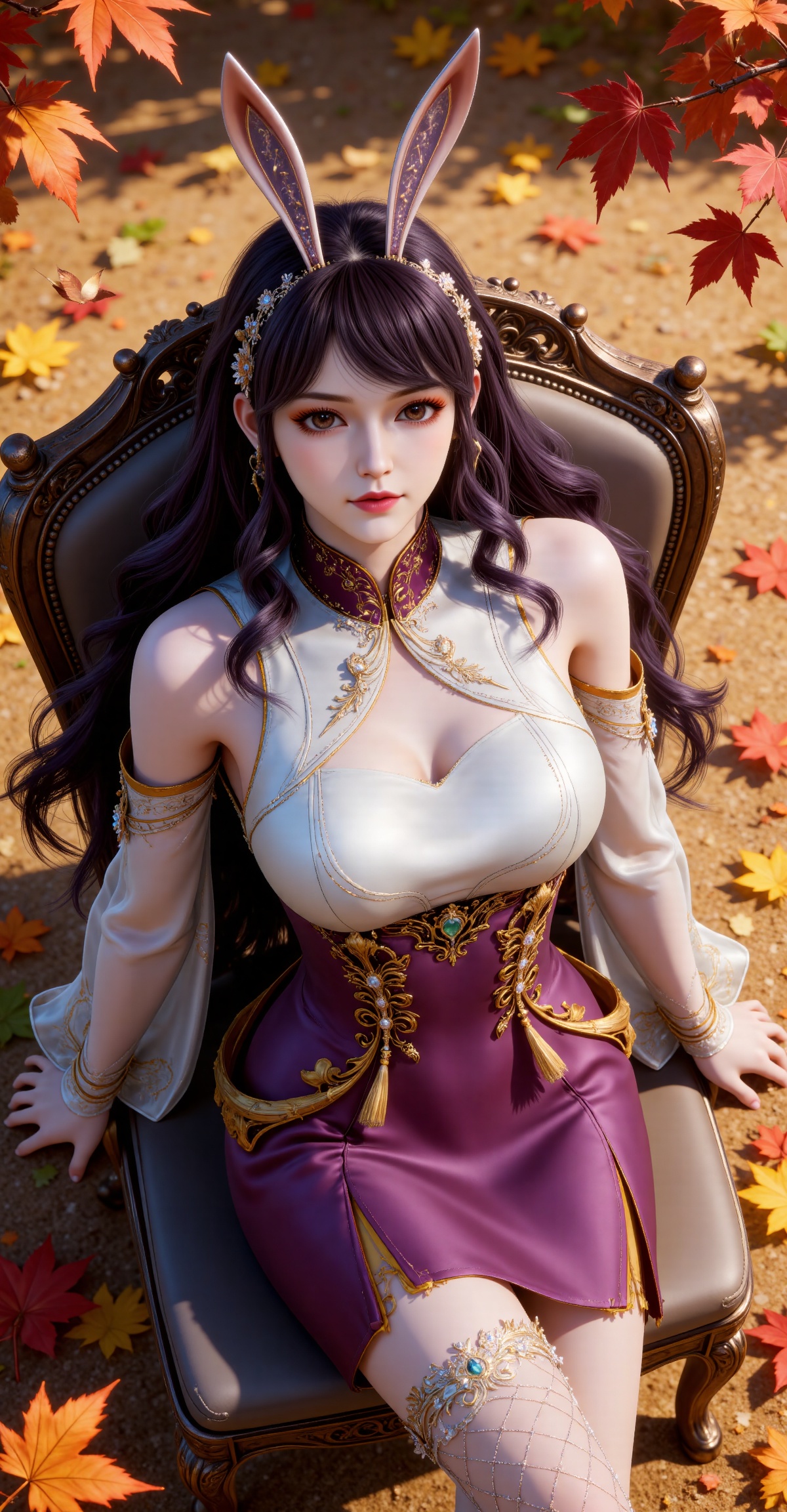 
4K,masterpiece,best quality,very aesthetic,lvjing,
black hair, long hair, very long hair, wavy hair, brown eyes, large breasts, hair_ornament, hairband, fake animal ears, rabbit ears, bare shoulders, jiangnannan white shirt, cleavage cutout, detached_sleeves, see-through_sleeves, long_sleeves, jiangnannan purple high waist skirt, single thighhigh, fishnet thighhighs, see-through_thighhighs,  1girl, solo, sitting, leaf, chair, looking at viewer, skirt, autumn leaves, maple leaf, earrings,from_above