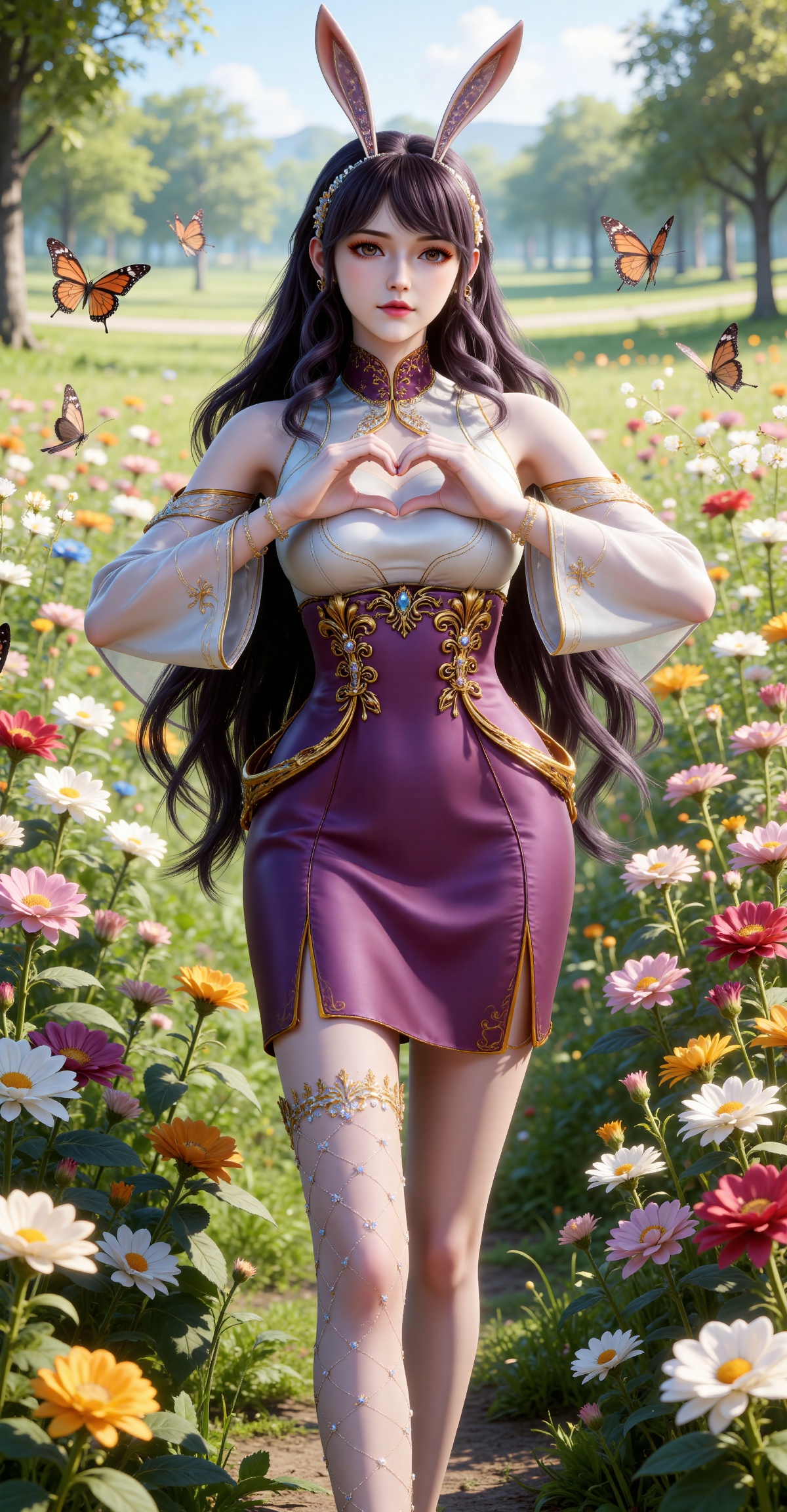 
4K,masterpiece,best quality,very aesthetic,lvjing,
black hair, long hair, very long hair, wavy hair, brown eyes, large breasts, hair_ornament, hairband, fake animal ears, rabbit ears, bare shoulders, jiangnannan white shirt, cleavage cutout, detached_sleeves, see-through_sleeves, long_sleeves, jiangnannan purple high waist skirt, single thighhigh, fishnet thighhighs, see-through_thighhighs, high_heels, gold footwear, 1girl, butterfly, bug, flower, solo, heart hands, heart, skirt, outdoors, ass, looking at viewer, flower field, blurry