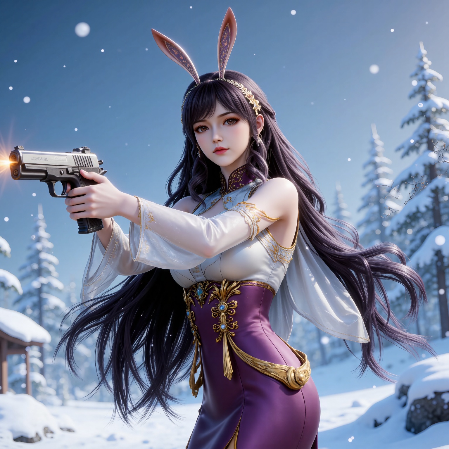 
4K,masterpiece,best quality,very aesthetic,lvjing,
black hair, long hair, very long hair, wavy hair, brown eyes, large breasts, hair_ornament, hairband, fake animal ears, rabbit ears, bare shoulders, jiangnannan white shirt, cleavage cutout, detached_sleeves, see-through_sleeves, long_sleeves, jiangnannan purple high waist skirt, 1girl, weapon, solo, gun, holding weapon, earrings, holding, jewelry, looking at viewer, snow, holding gun, aiming, blurry, outdoors, breasts, blurry background, snowing, from side