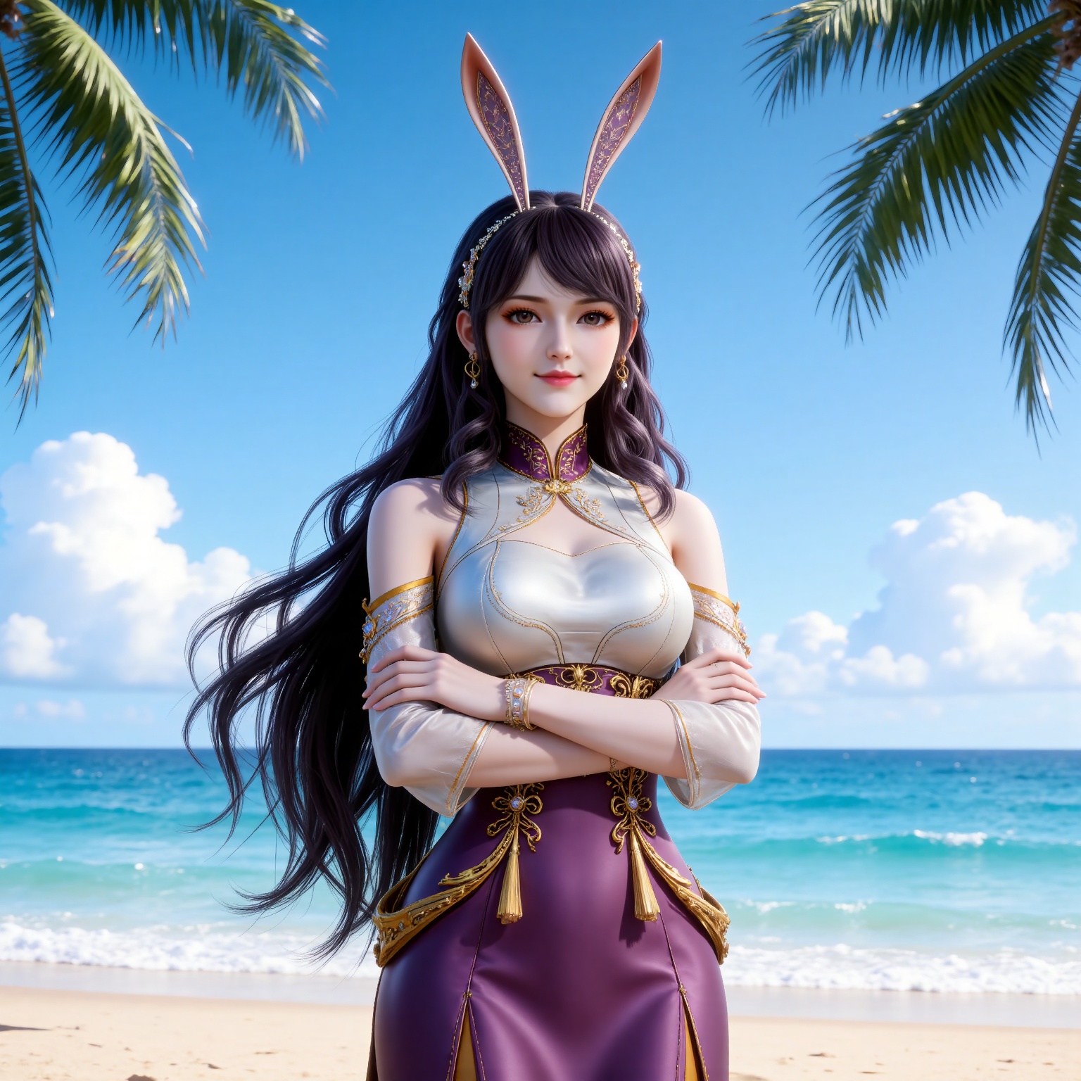 
4K,masterpiece,best quality,very aesthetic,lvjing,
black hair, long hair, very long hair, wavy hair, brown eyes, large breasts, hair_ornament, hairband, fake animal ears, rabbit ears, bare shoulders, jiangnannan white shirt, cleavage cutout, detached_sleeves, see-through_sleeves, long_sleeves, jiangnannan purple high waist skirt, 1girl, solo, beach, outdoors, sky, crossed arms, jewelry, blue sky, ocean, looking at viewer, day, sand, tree, cloud, breasts, water, smile, palm tree, earrings