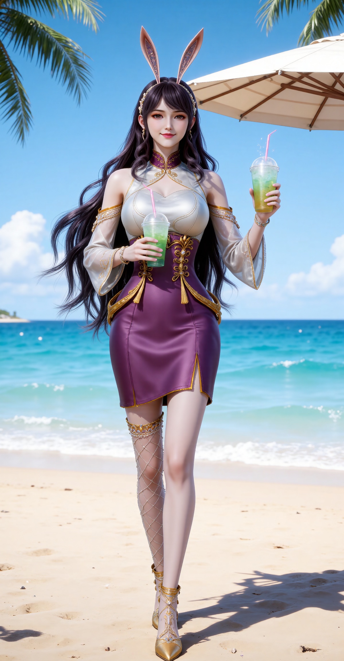 
4K,masterpiece,best quality,very aesthetic,lvjing,
black hair, long hair, very long hair, wavy hair, brown eyes, large breasts, hair_ornament, hairband, fake animal ears, rabbit ears, bare shoulders, jiangnannan white shirt, cleavage cutout, detached_sleeves, see-through_sleeves, long_sleeves, jiangnannan purple high waist skirt, single thighhigh, fishnet thighhighs, see-through_thighhighs, high_heels, gold footwear, 1girl, solo, outdoors, beach, umbrella, cup, drinking straw, holding, day, full body, smile, holding cup, skirt, sky, blue sky, looking at viewer, water, sand