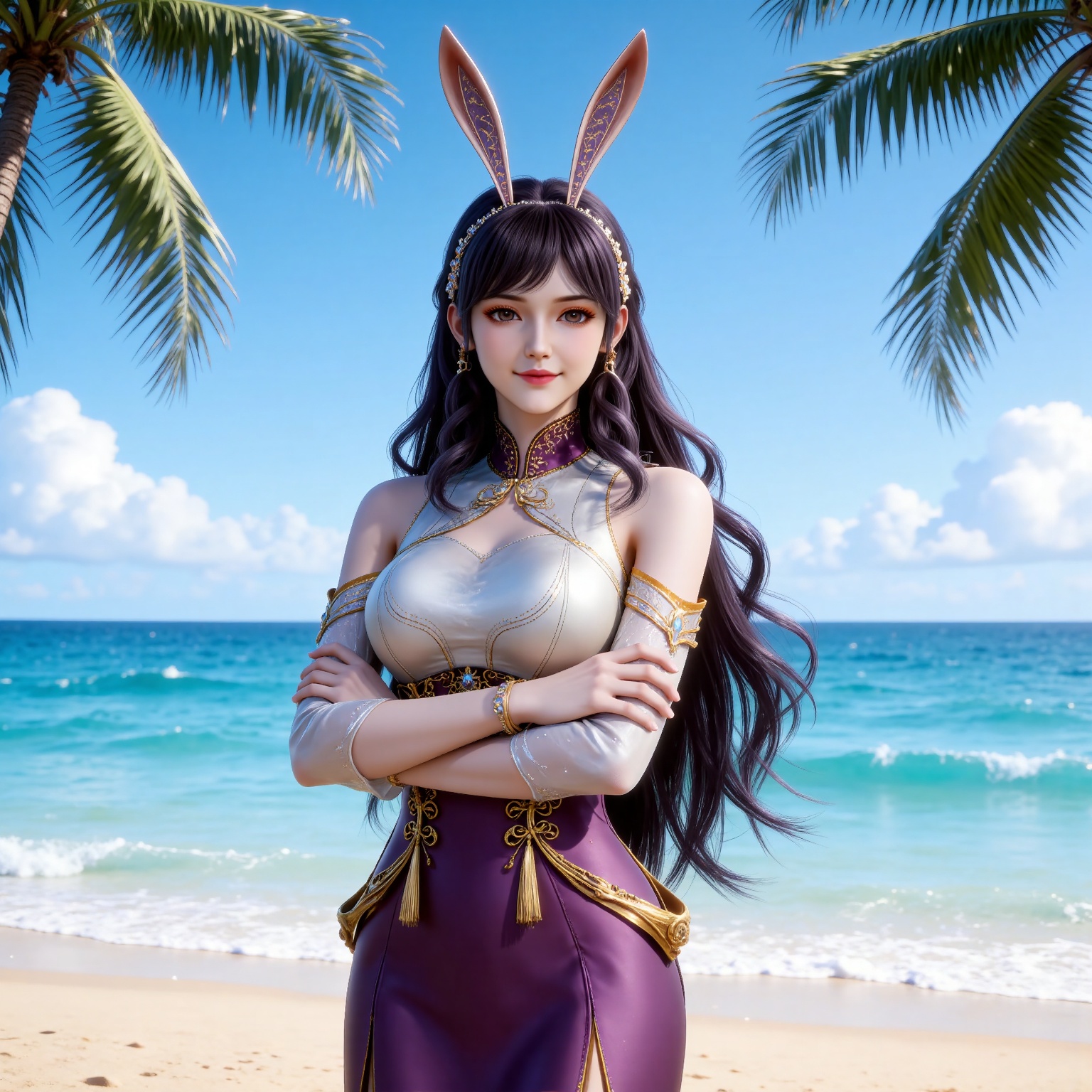 
4K,masterpiece,best quality,very aesthetic,lvjing,
black hair, long hair, very long hair, wavy hair, brown eyes, large breasts, hair_ornament, hairband, fake animal ears, rabbit ears, bare shoulders, jiangnannan white shirt, cleavage cutout, detached_sleeves, see-through_sleeves, long_sleeves, jiangnannan purple high waist skirt, 1girl, solo, beach, outdoors, sky, crossed arms, jewelry, blue sky, ocean, looking at viewer, day, sand, tree, cloud, breasts, water, smile, palm tree, earrings