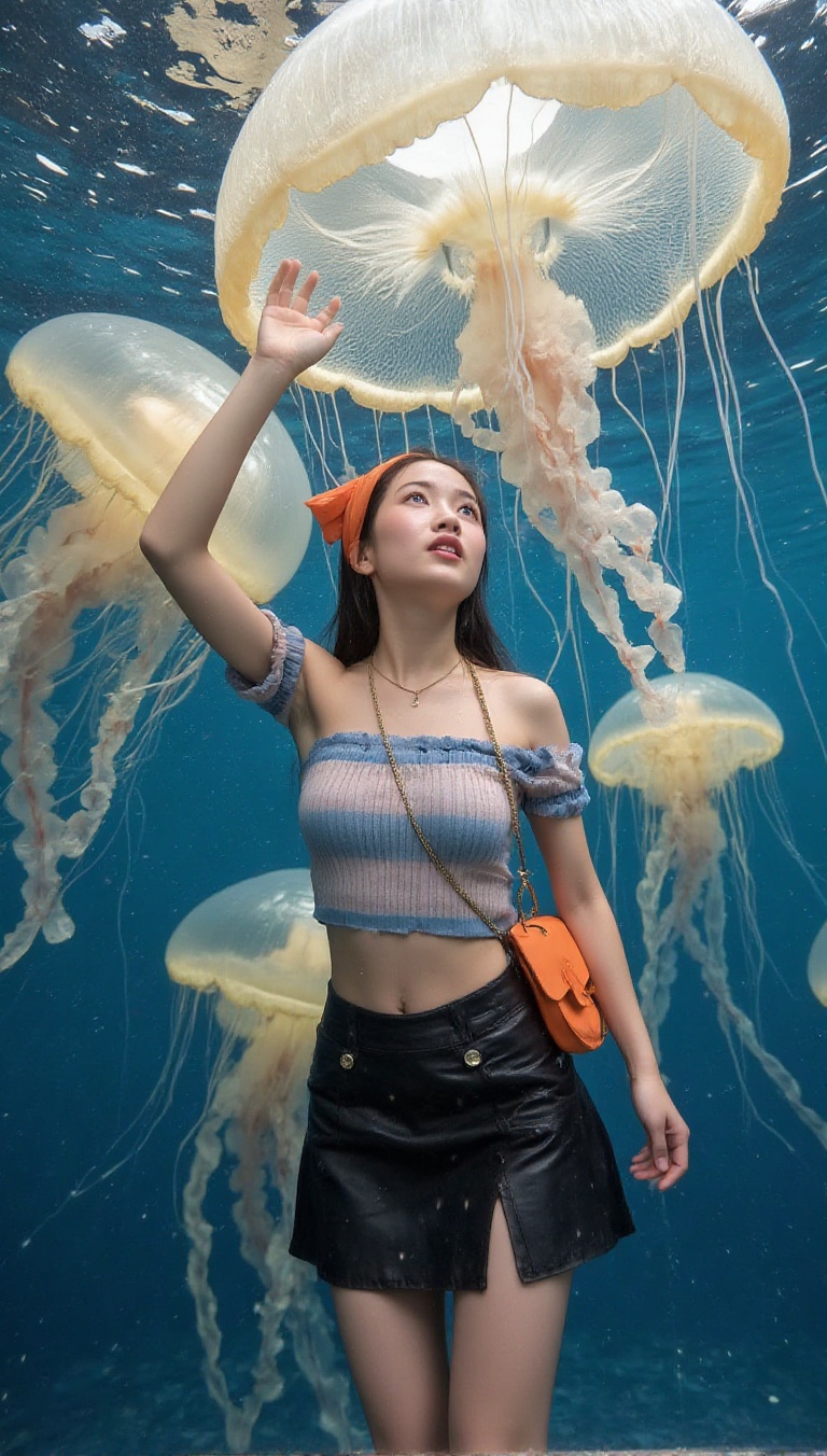 A captivating,  detailed photo of the beautiful Asian woman with long dark hair,  wearing her orange headband and gold nec...
