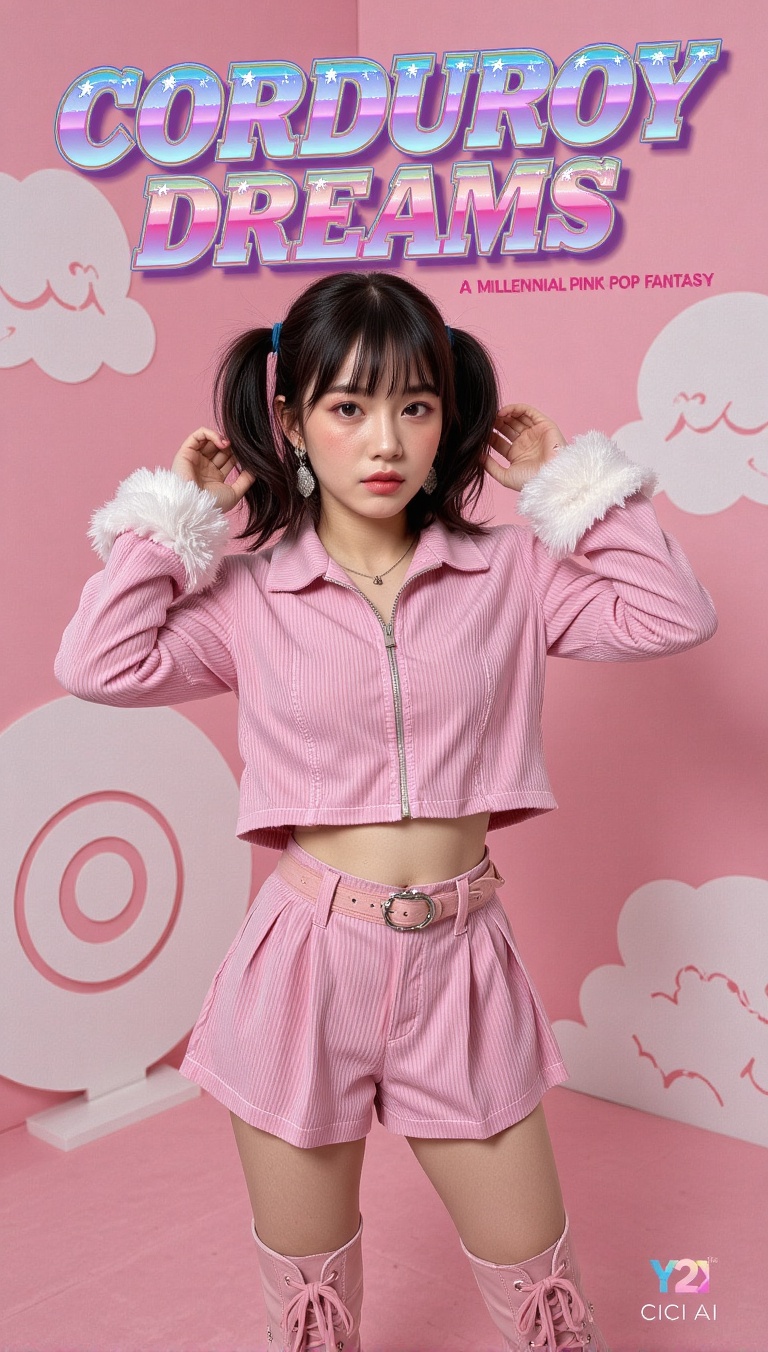 A vibrant,  retro-inspired K-Pop poster featuring a charismatic female subject with dark,  high-ponytail pigtails and blun...