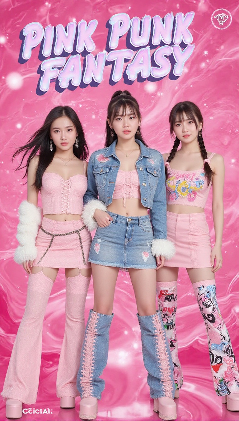 A vibrant,  retro-futuristic K-Pop concert poster,  titled "PINK PUNK FANTASY" in a bold on Tensor.Art