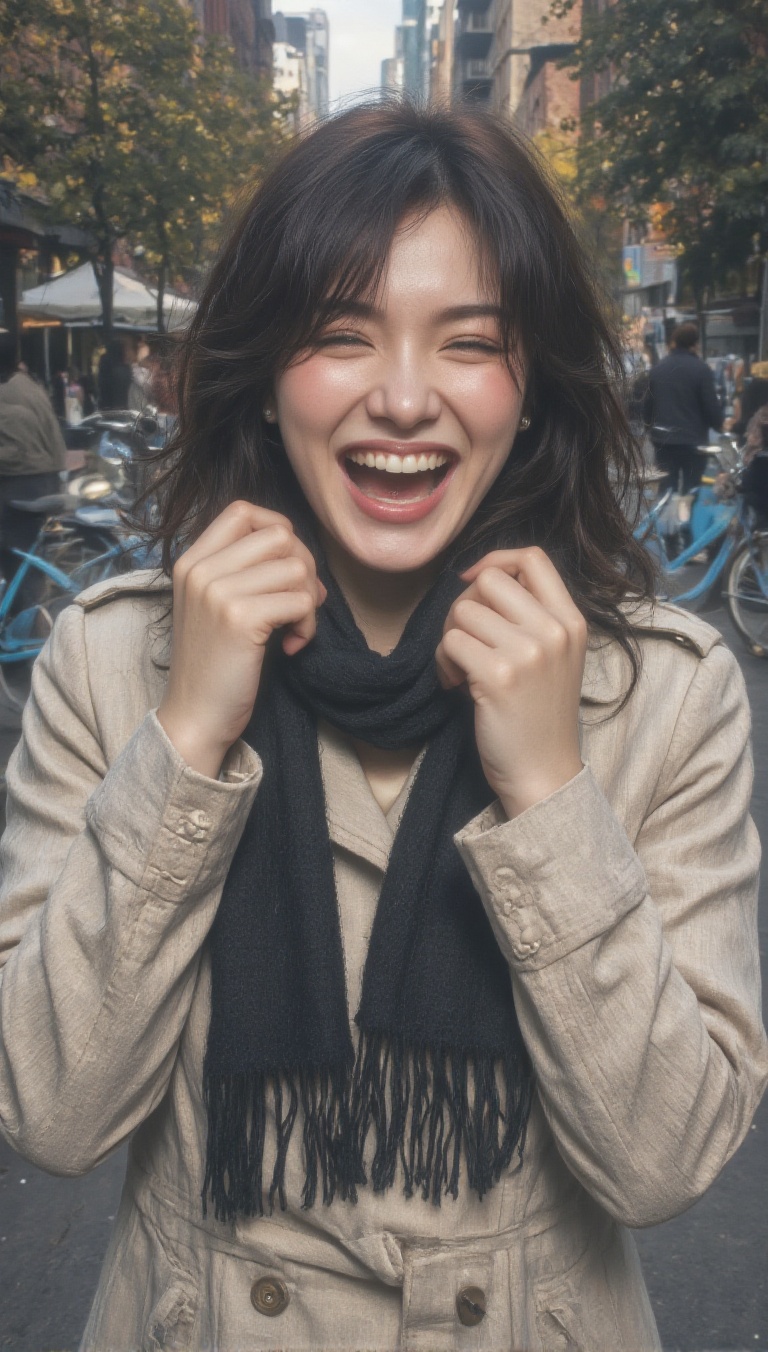 A intimate,  candid 50mm half-body photograph focusing sharply on the subject's face as she breaks into a wide,  joyous on...