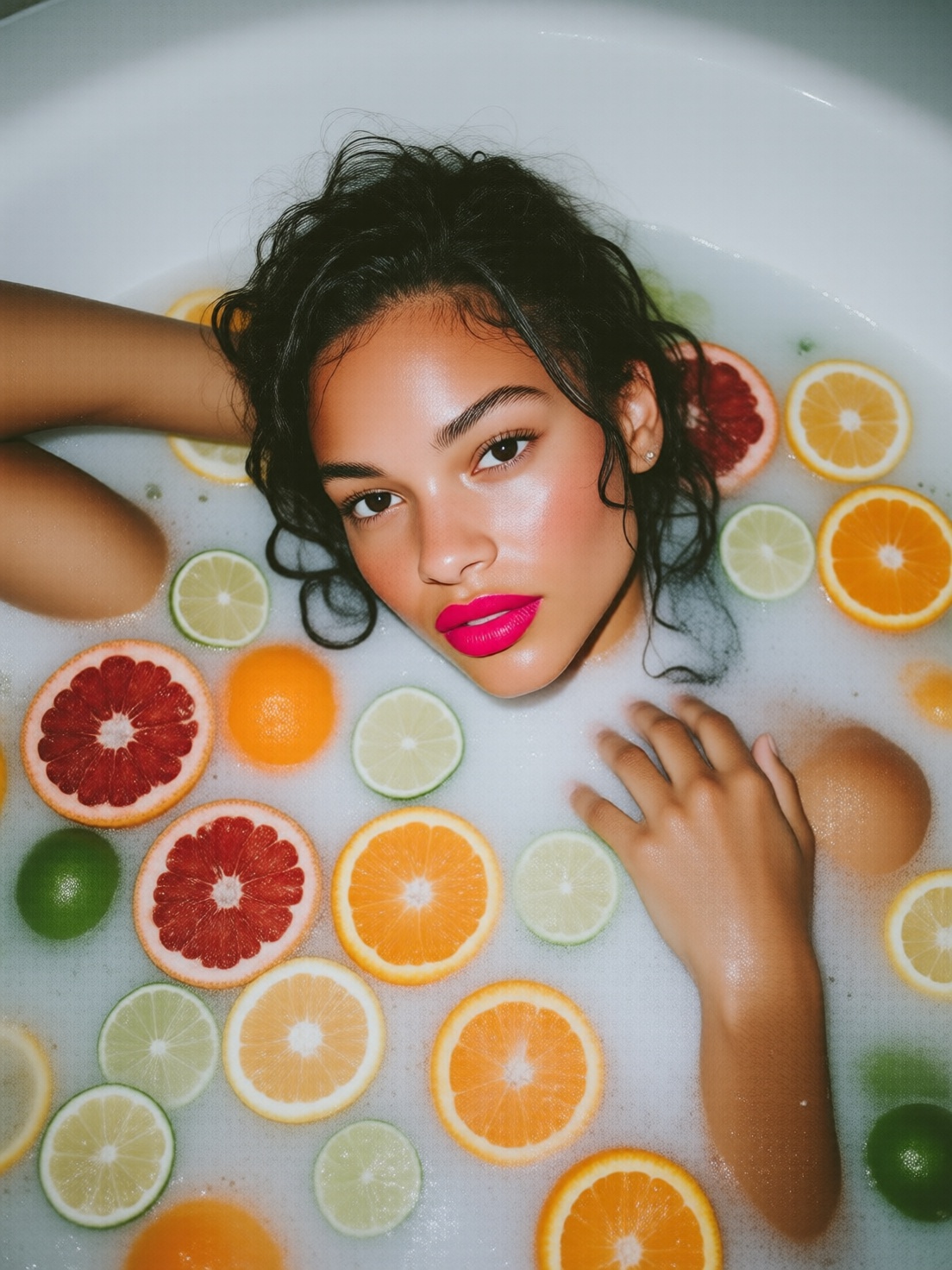 midjourneyanalog10q photograph.
High-angle, top-down shot of a biracial woman reclining in a white bathtub filled with an opaque milk bath. Her wet, dark curly hair is slicked back, and she wears vibrant hot pink lipstick that contrasts sharply with her clear skin and dark eyes. Numerous circular slices of citrus fruits--including bright oranges, red grapefruits, and green limes--float around her, partially submerged in the milky water. One arm is tucked behind her head while her other hand rests gently near her shoulder amidst small white bubbles. The lighting is bright and even, highlighting the vivid tropical colors of the fruit against the neutral white liquid. The overall mood is vibrant, refreshing, and indulgent, styled like a contemporary beauty editorial.

