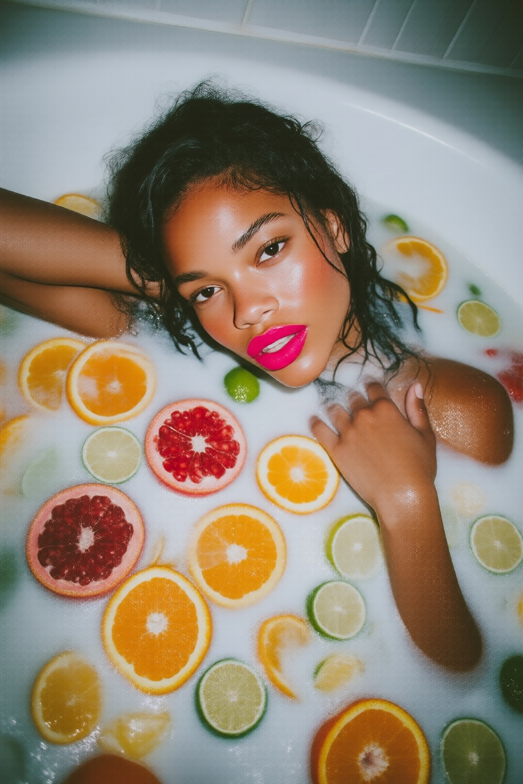 midjourneyanalog10q photograph.
High-angle, top-down shot of a biracial woman reclining in a white bathtub filled with an opaque milk bath. Her wet, dark curly hair is slicked back, and she wears vibrant hot pink lipstick that contrasts sharply with her clear skin and dark eyes. Numerous circular slices of citrus fruits--including bright oranges, red grapefruits, and green limes--float around her, partially submerged in the milky water. One arm is tucked behind her head while her other hand rests gently near her shoulder amidst small white bubbles. The lighting is bright and even, highlighting the vivid tropical colors of the fruit against the neutral white liquid. The overall mood is vibrant, refreshing, and indulgent, styled like a contemporary beauty editorial.

