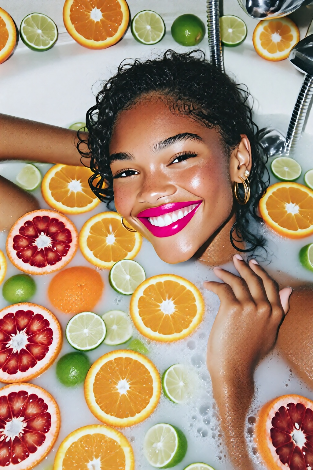 midjourneyanalog10q photograph.
High-angle, top-down shot of a biracial woman reclining in a white bathtub filled with an opaque milk bath. Her wet, dark curly hair is slicked back, and she wears vibrant hot pink lipstick that contrasts sharply with her clear skin and dark eyes. Numerous circular slices of citrus fruits--including bright oranges, red grapefruits, and green limes--float around her, partially submerged in the milky water. One arm is tucked behind her head while her other hand rests gently near her shoulder amidst small white bubbles. The lighting is bright and even, highlighting the vivid tropical colors of the fruit against the neutral white liquid. The overall mood is vibrant, refreshing, and indulgent, styled like a contemporary beauty editorial.

