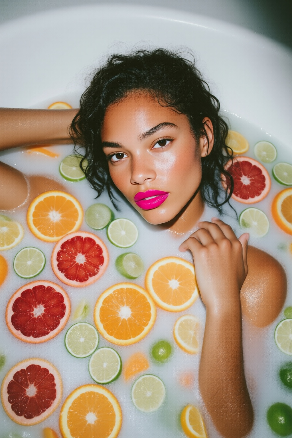 midjourneyanalog10q photograph.
High-angle, top-down shot of a biracial woman reclining in a white bathtub filled with an opaque milk bath. Her wet, dark curly hair is slicked back, and she wears vibrant hot pink lipstick that contrasts sharply with her clear skin and dark eyes. Numerous circular slices of citrus fruits--including bright oranges, red grapefruits, and green limes--float around her, partially submerged in the milky water. One arm is tucked behind her head while her other hand rests gently near her shoulder amidst small white bubbles. The lighting is bright and even, highlighting the vivid tropical colors of the fruit against the neutral white liquid. The overall mood is vibrant, refreshing, and indulgent, styled like a contemporary beauty editorial.


