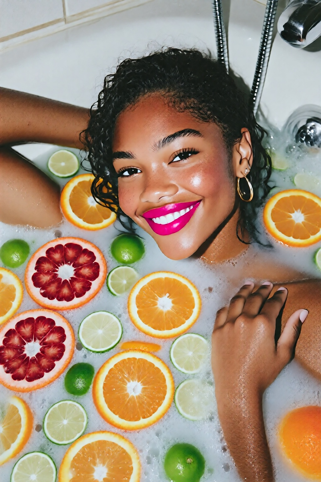 midjourneyanalog10q photograph.
High-angle, top-down shot of a biracial woman reclining in a white bathtub filled with an opaque milk bath. Her wet, dark curly hair is slicked back, and she wears vibrant hot pink lipstick that contrasts sharply with her clear skin and dark eyes. Numerous circular slices of citrus fruits--including bright oranges, red grapefruits, and green limes--float around her, partially submerged in the milky water. One arm is tucked behind her head while her other hand rests gently near her shoulder amidst small white bubbles. The lighting is bright and even, highlighting the vivid tropical colors of the fruit against the neutral white liquid. The overall mood is vibrant, refreshing, and indulgent, styled like a contemporary beauty editorial.

