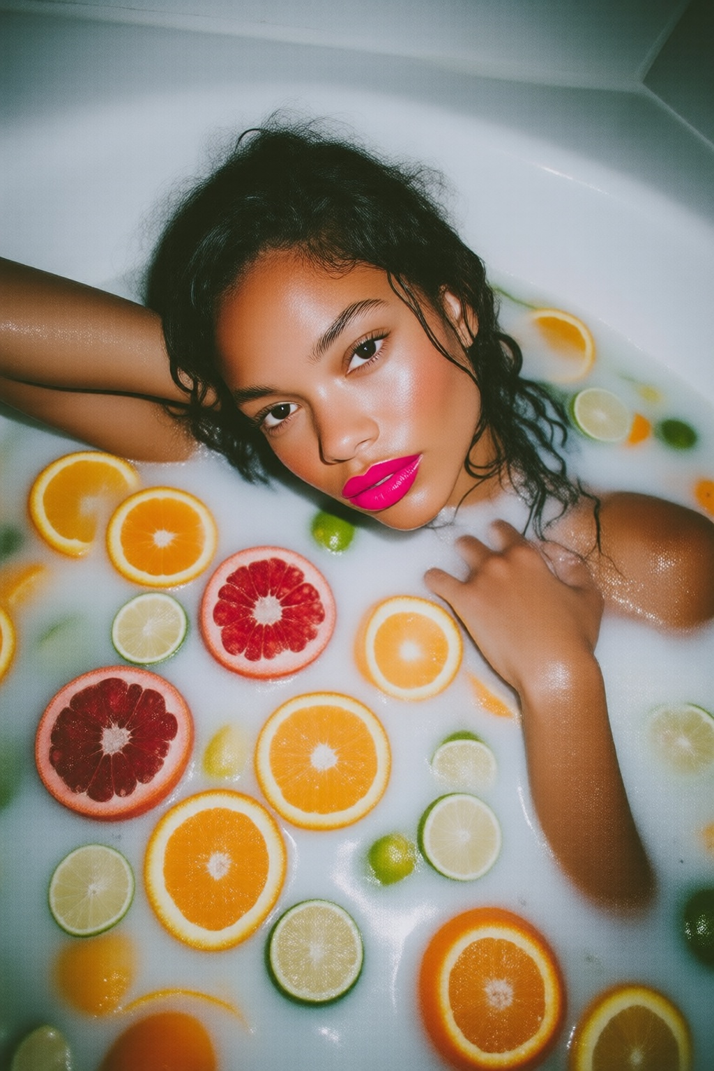 midjourneyanalog10q photograph.
High-angle, top-down shot of a biracial woman reclining in a white bathtub filled with an opaque milk bath. Her wet, dark curly hair is slicked back, and she wears vibrant hot pink lipstick that contrasts sharply with her clear skin and dark eyes. Numerous circular slices of citrus fruits--including bright oranges, red grapefruits, and green limes--float around her, partially submerged in the milky water. One arm is tucked behind her head while her other hand rests gently near her shoulder amidst small white bubbles. The lighting is bright and even, highlighting the vivid tropical colors of the fruit against the neutral white liquid. The overall mood is vibrant, refreshing, and indulgent, styled like a contemporary beauty editorial.

