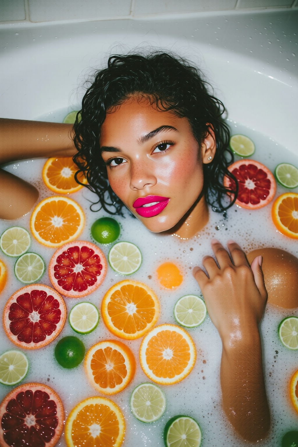 midjourneyanalog10q photograph.
High-angle, top-down shot of a biracial woman reclining in a white bathtub filled with an opaque milk bath. Her wet, dark curly hair is slicked back, and she wears vibrant hot pink lipstick that contrasts sharply with her clear skin and dark eyes. Numerous circular slices of citrus fruits--including bright oranges, red grapefruits, and green limes--float around her, partially submerged in the milky water. One arm is tucked behind her head while her other hand rests gently near her shoulder amidst small white bubbles. The lighting is bright and even, highlighting the vivid tropical colors of the fruit against the neutral white liquid. The overall mood is vibrant, refreshing, and indulgent, styled like a contemporary beauty editorial.

