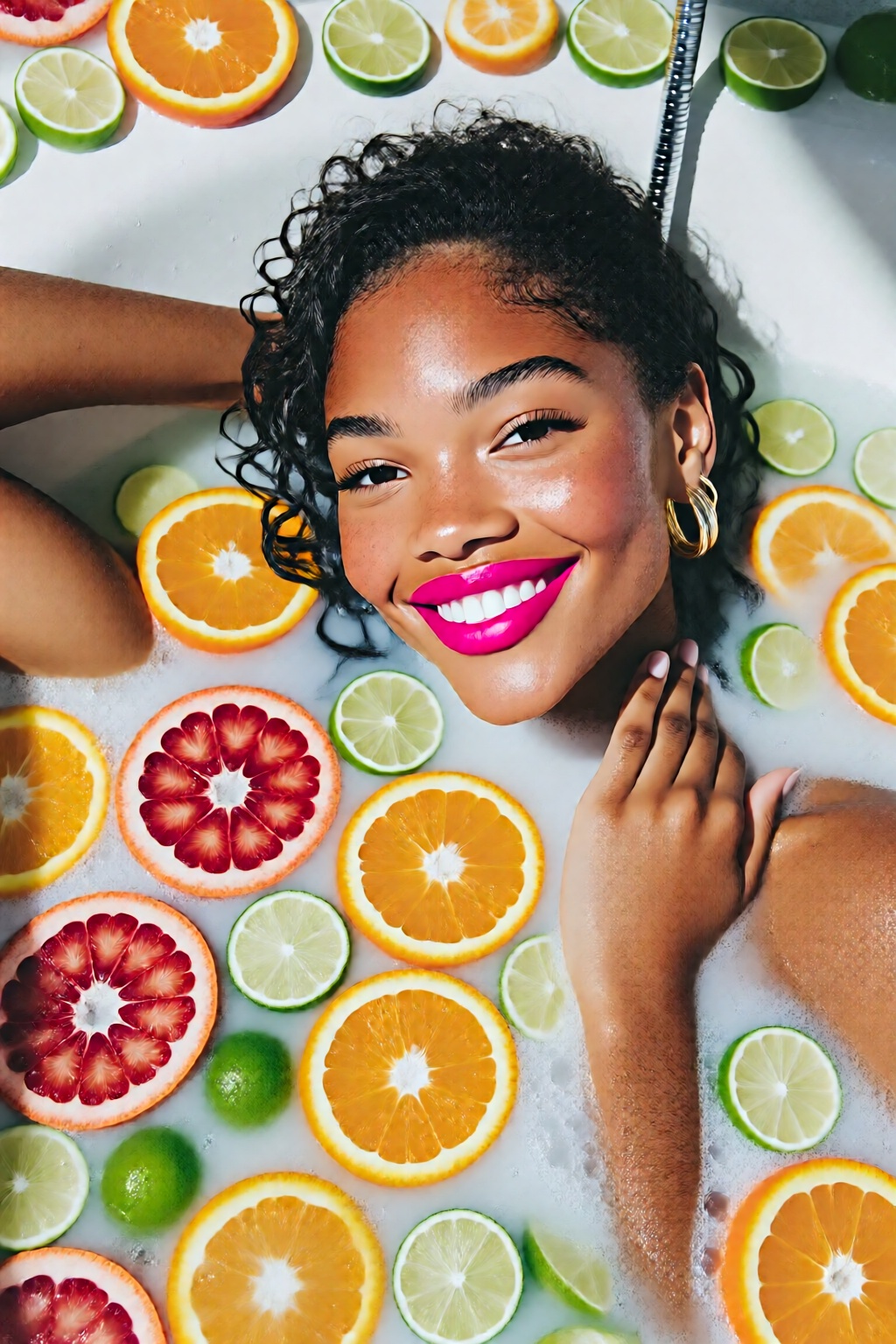 stankatayamaniji6q illustration.  
High-angle, top-down shot of a biracial woman reclining in a white bathtub filled with an opaque milk bath. Her wet, dark curly hair is slicked back, and she wears vibrant hot pink lipstick that contrasts sharply with her clear skin and dark eyes. Numerous circular slices of citrus fruits--including bright oranges, red grapefruits, and green limes--float around her, partially submerged in the milky water. One arm is tucked behind her head while her other hand rests gently near her shoulder amidst small white bubbles. The lighting is bright and even, highlighting the vivid tropical colors of the fruit against the neutral white liquid. The overall mood is vibrant, refreshing, and indulgent, styled like a contemporary beauty editorial.