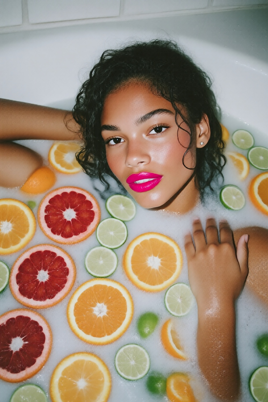 midjourneyanalog10q photograph.
High-angle, top-down shot of a biracial woman reclining in a white bathtub filled with an opaque milk bath. Her wet, dark curly hair is slicked back, and she wears vibrant hot pink lipstick that contrasts sharply with her clear skin and dark eyes. Numerous circular slices of citrus fruits--including bright oranges, red grapefruits, and green limes--float around her, partially submerged in the milky water. One arm is tucked behind her head while her other hand rests gently near her shoulder amidst small white bubbles. The lighting is bright and even, highlighting the vivid tropical colors of the fruit against the neutral white liquid. The overall mood is vibrant, refreshing, and indulgent, styled like a contemporary beauty editorial.

