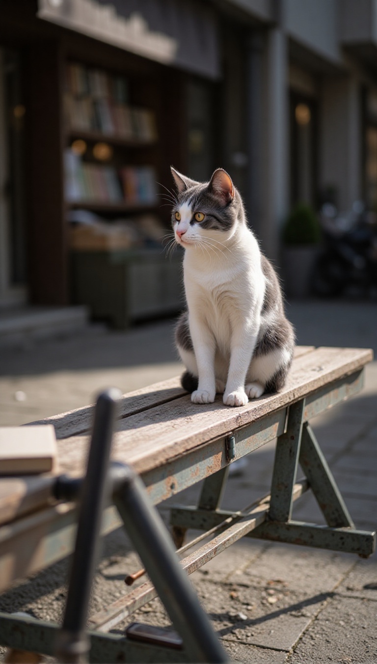 a cat on the bench,  book store,  street on Tensor.Art
