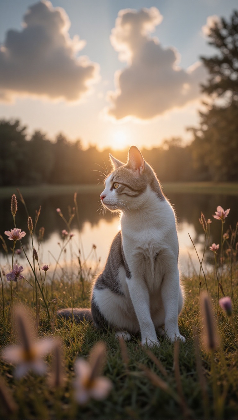 cat,  lake,  flowers on Tensor.Art