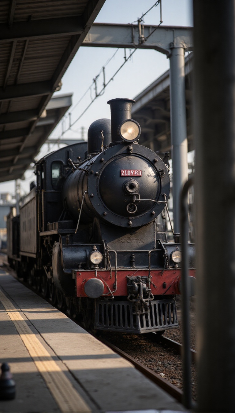 locomotive at a train station,  sunlight shadows on Tensor.Art